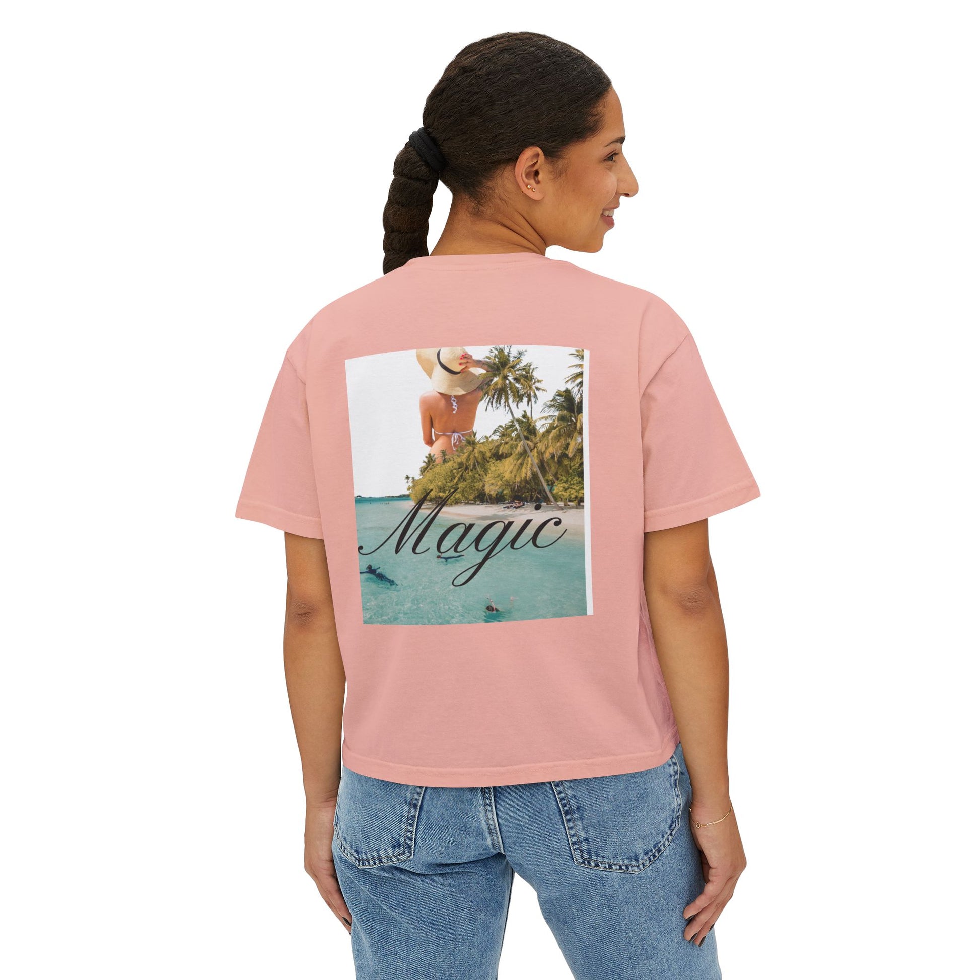 Magic Beach Crop Tee — Women's Boxy Tropical Graphic T‑Shirt
