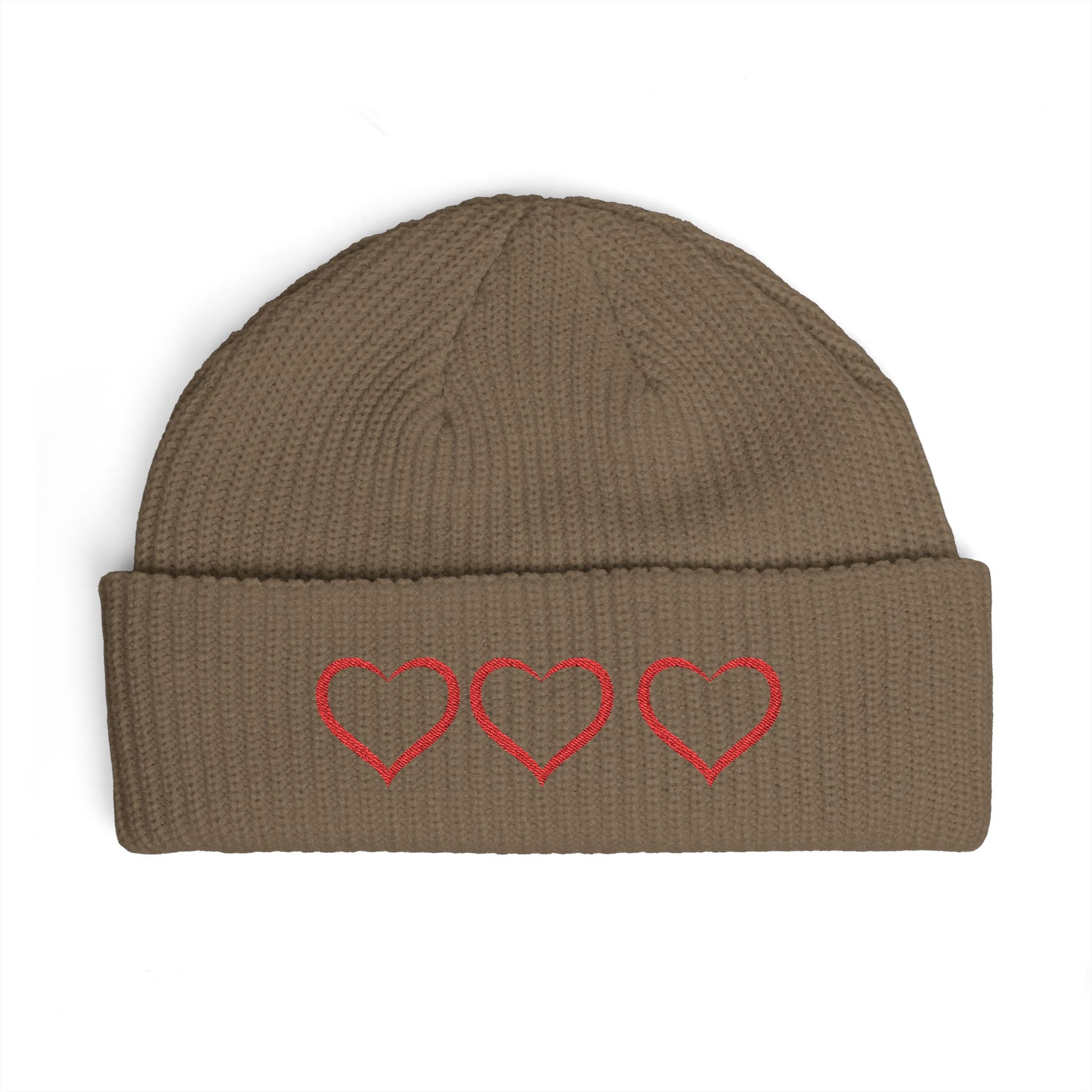 Embroidered Triple Heart Cuff Beanie — Cozy Valentine Knit Hat