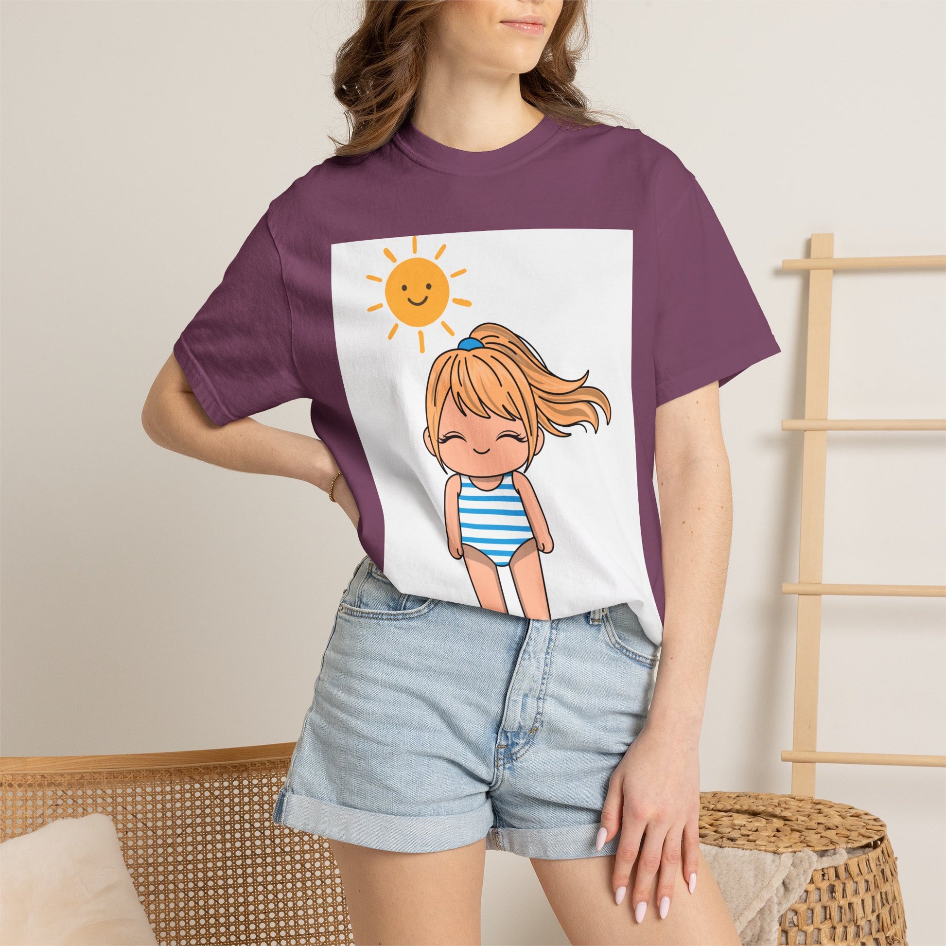 Cute Girl in Swimsuit T-Shirt — Sunny Beach Cartoon Tee