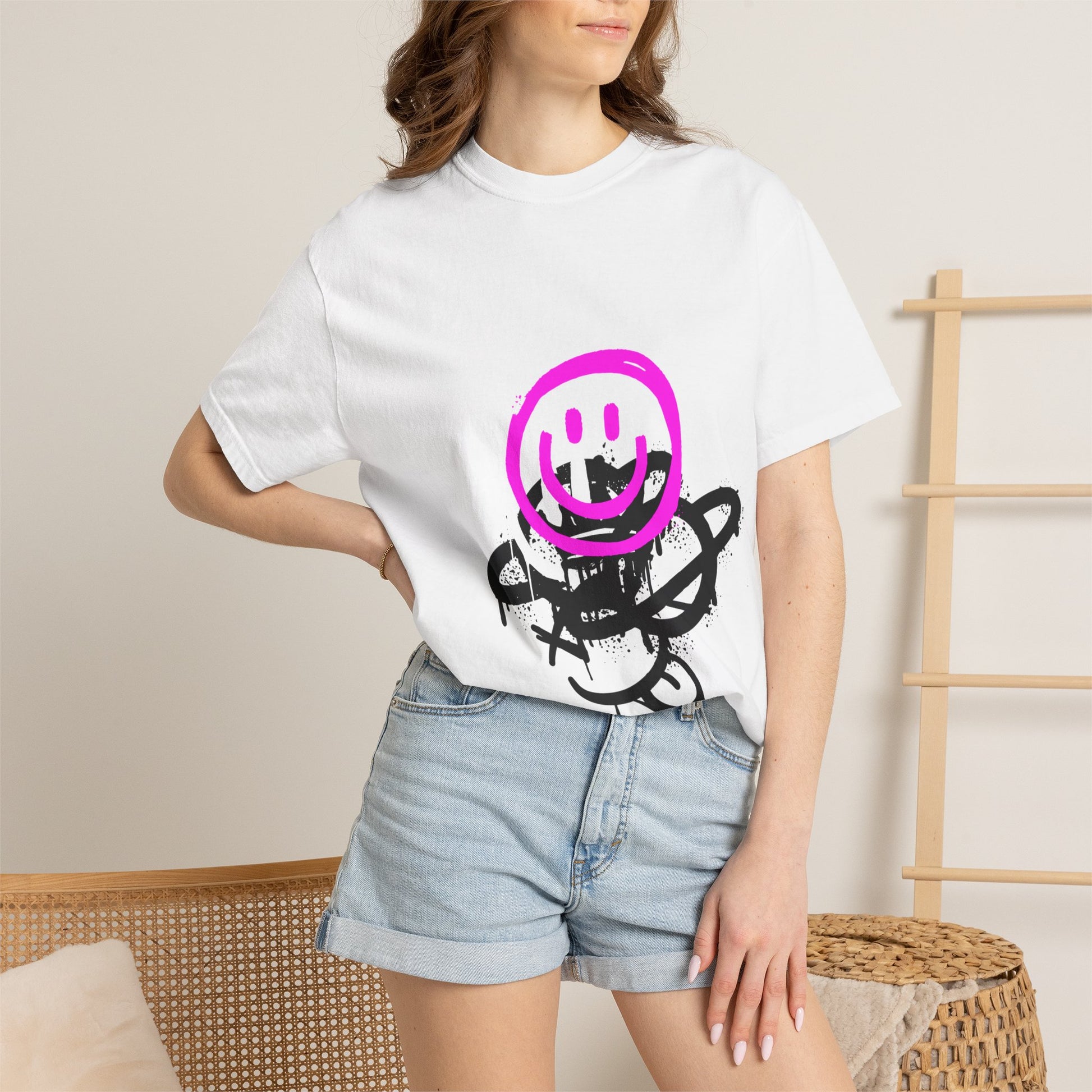 Smiley Graffiti T-Shirt — Neon Pink Drip Streetwear Tee