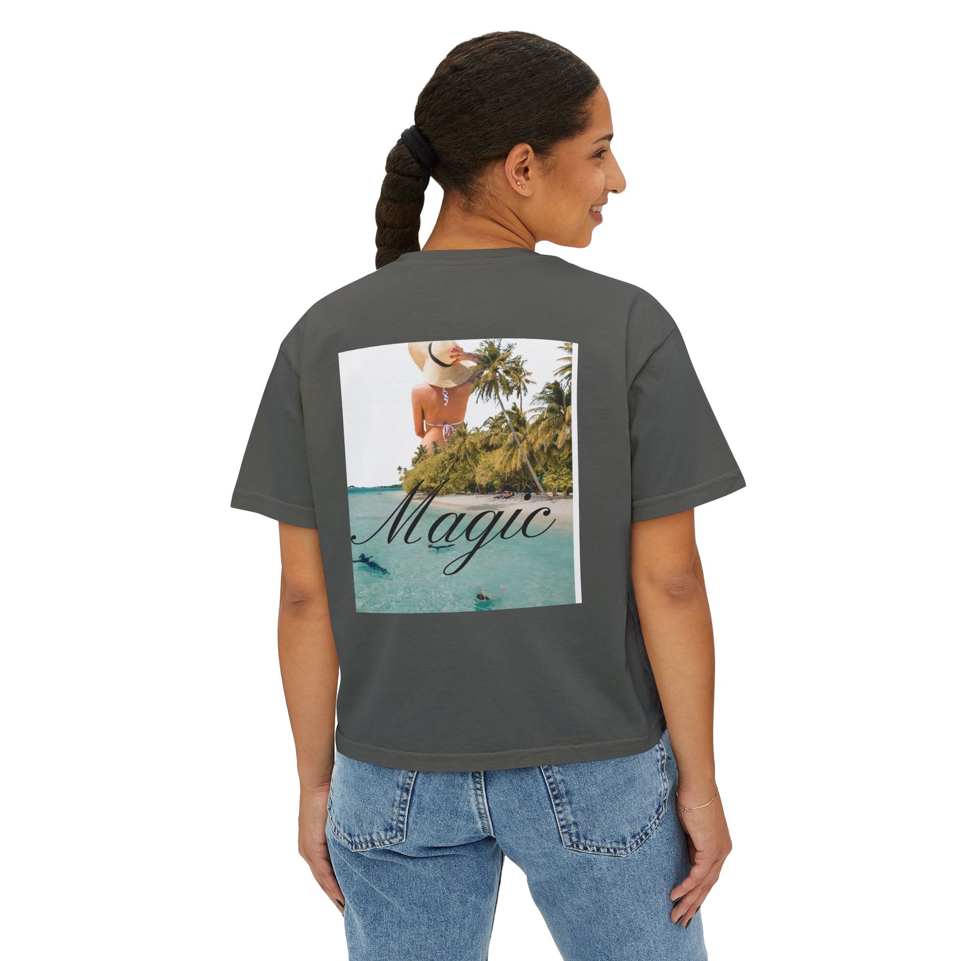 Magic Beach Crop Tee — Women's Boxy Tropical Graphic T‑Shirt