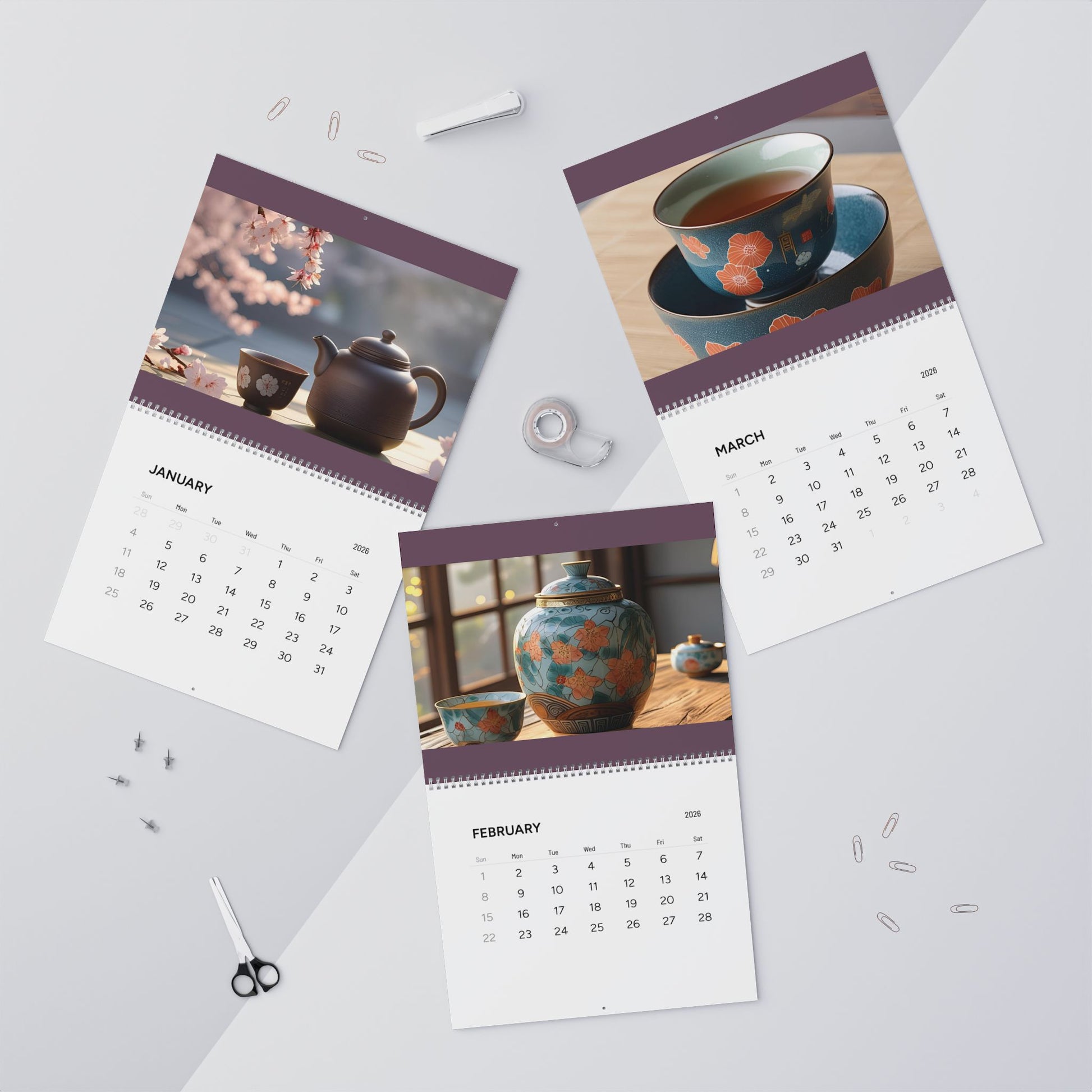 Floral Teapot Wall Calendar 2026 - Monthly Planner with Elegant Artwork