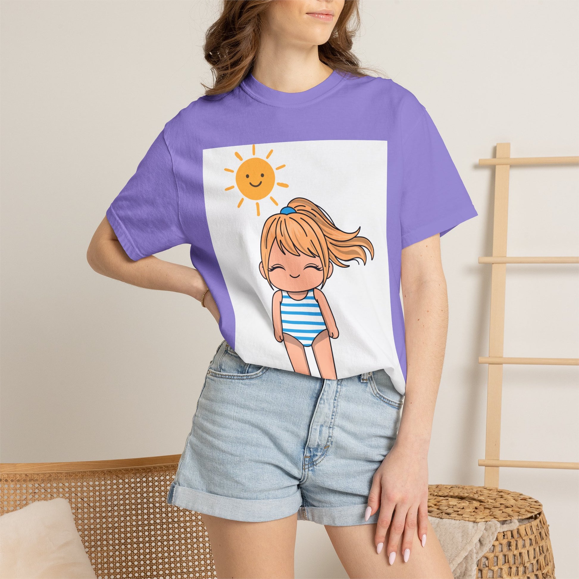 Cute Girl in Swimsuit T-Shirt — Sunny Beach Cartoon Tee