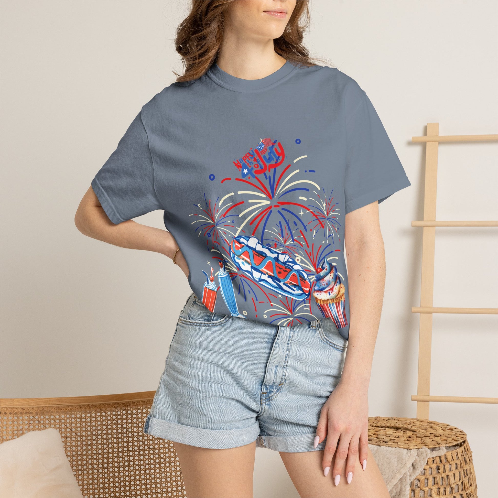T-Shirt — Fourth of July Party Graphic Tee (Fireworks, Cupcake & Drinks)