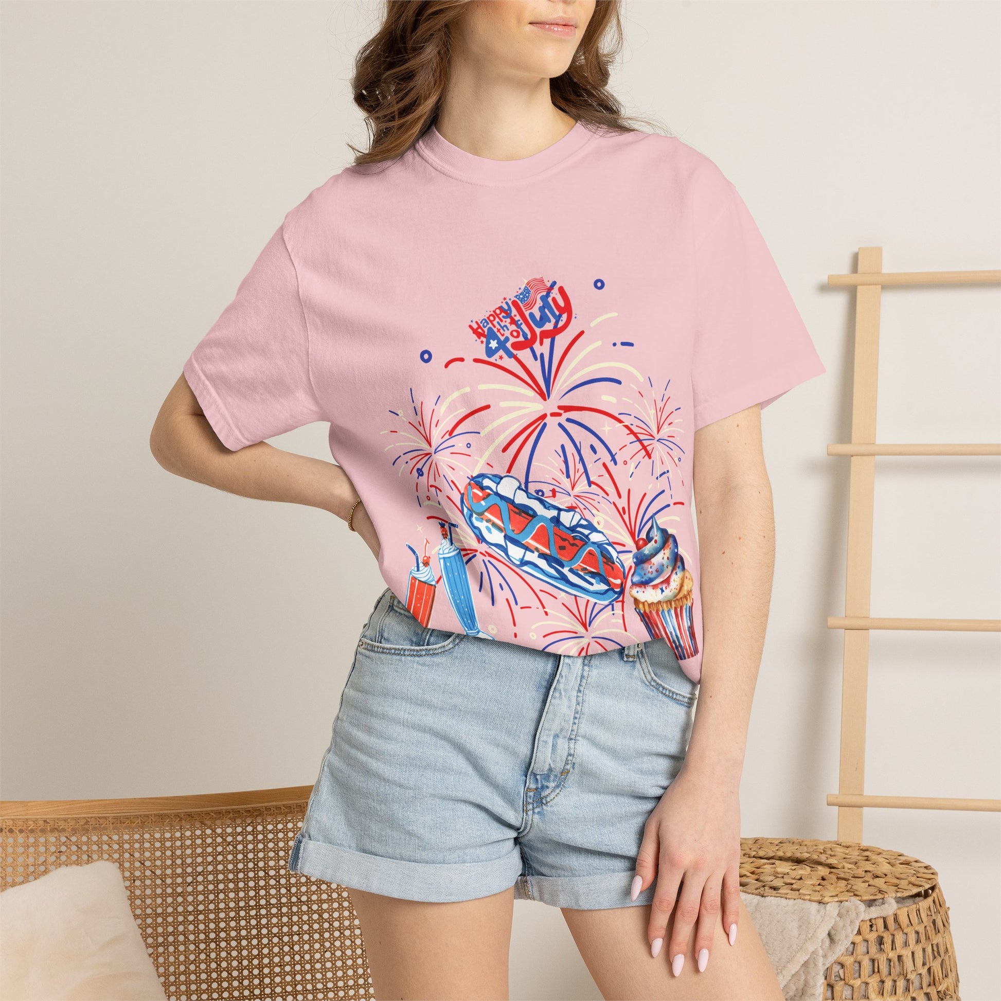 T-Shirt — Fourth of July Party Graphic Tee (Fireworks, Cupcake & Drinks)