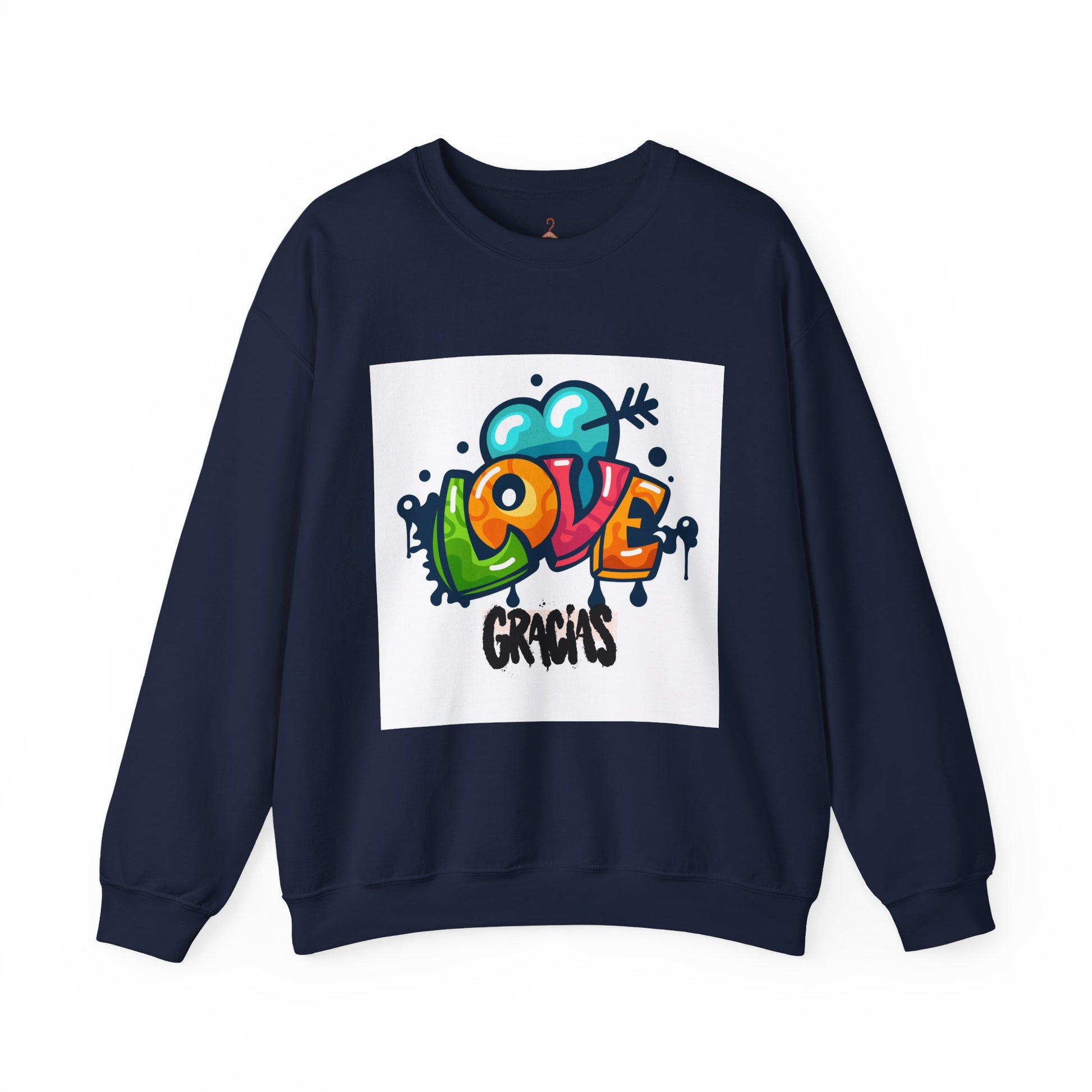 Love Gracias Crewneck Sweatshirt — Colorful Graffiti Heart Thank You Pullover
