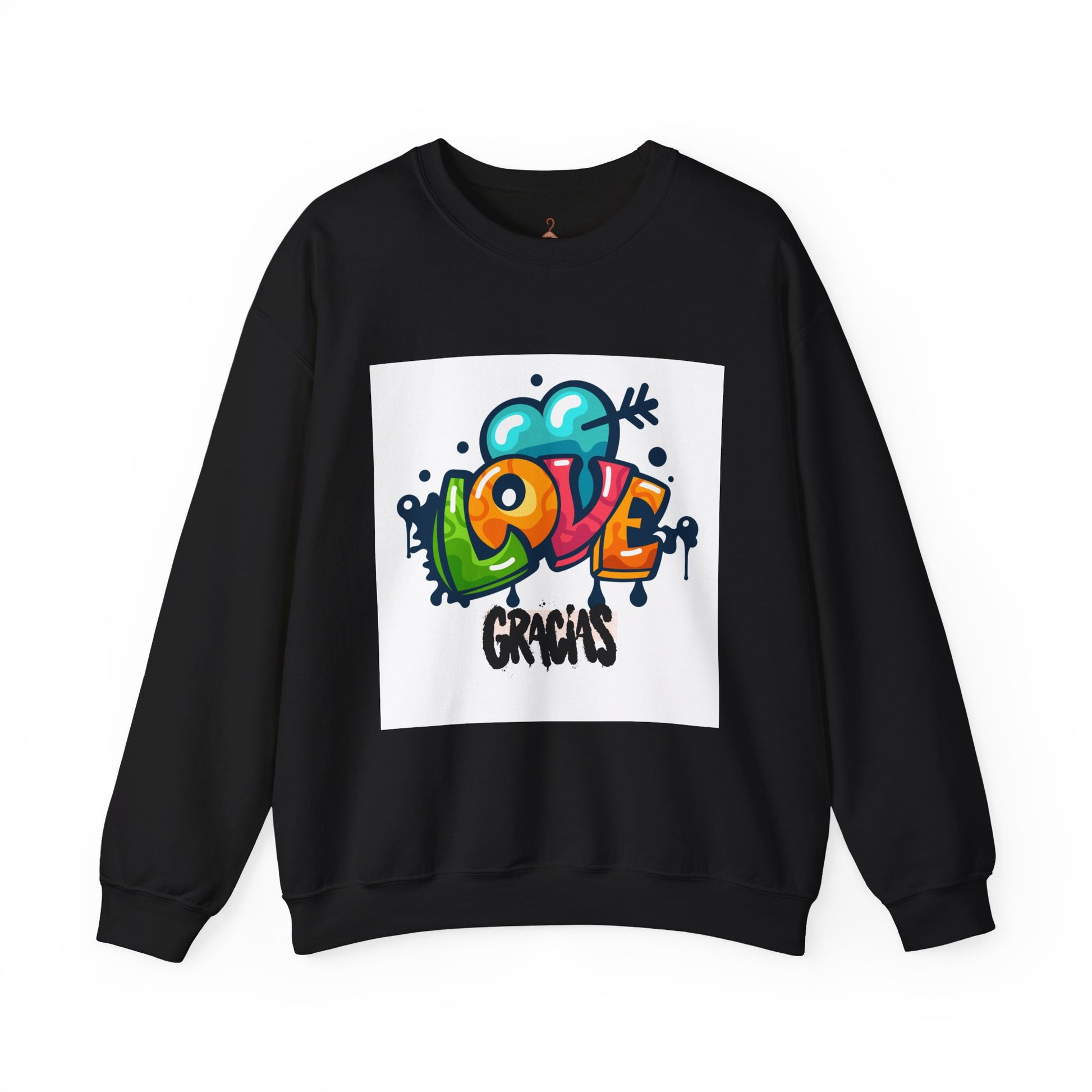 Love Gracias Crewneck Sweatshirt — Colorful Graffiti Heart Thank You Pullover