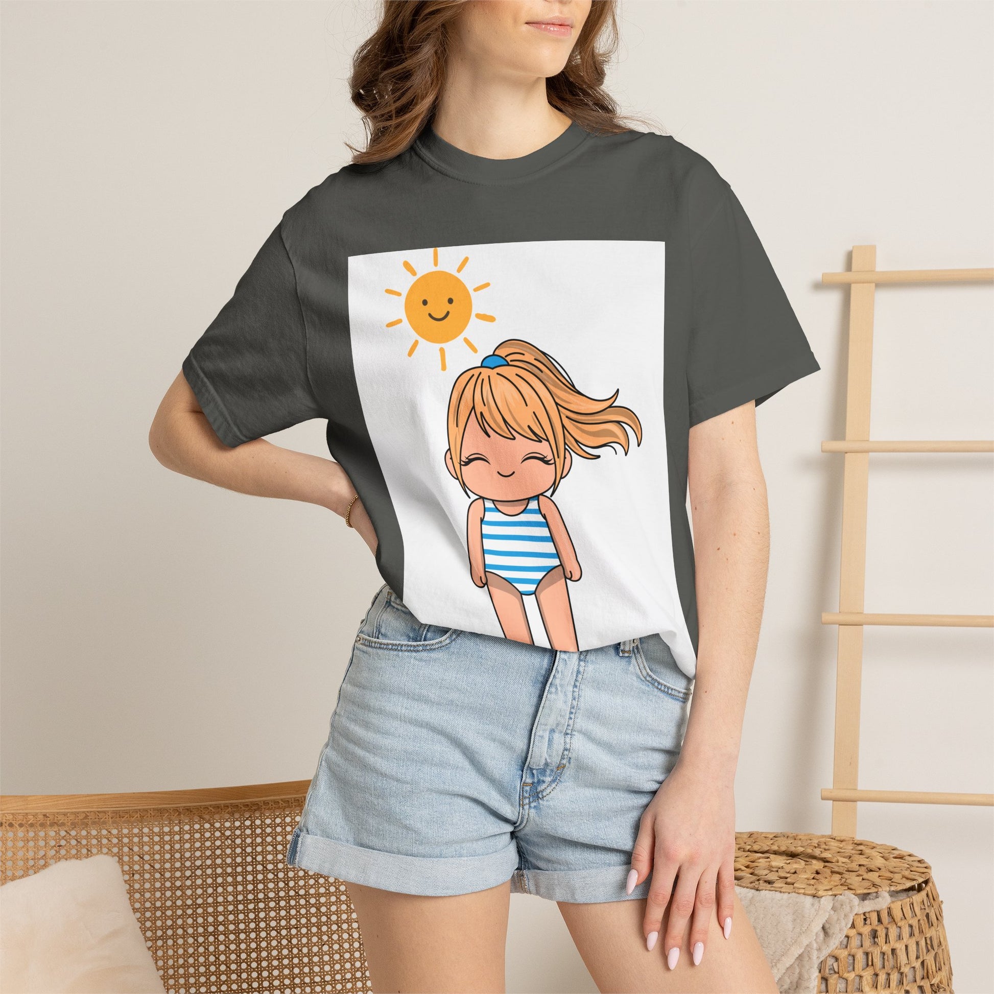 Cute Girl in Swimsuit T-Shirt — Sunny Beach Cartoon Tee