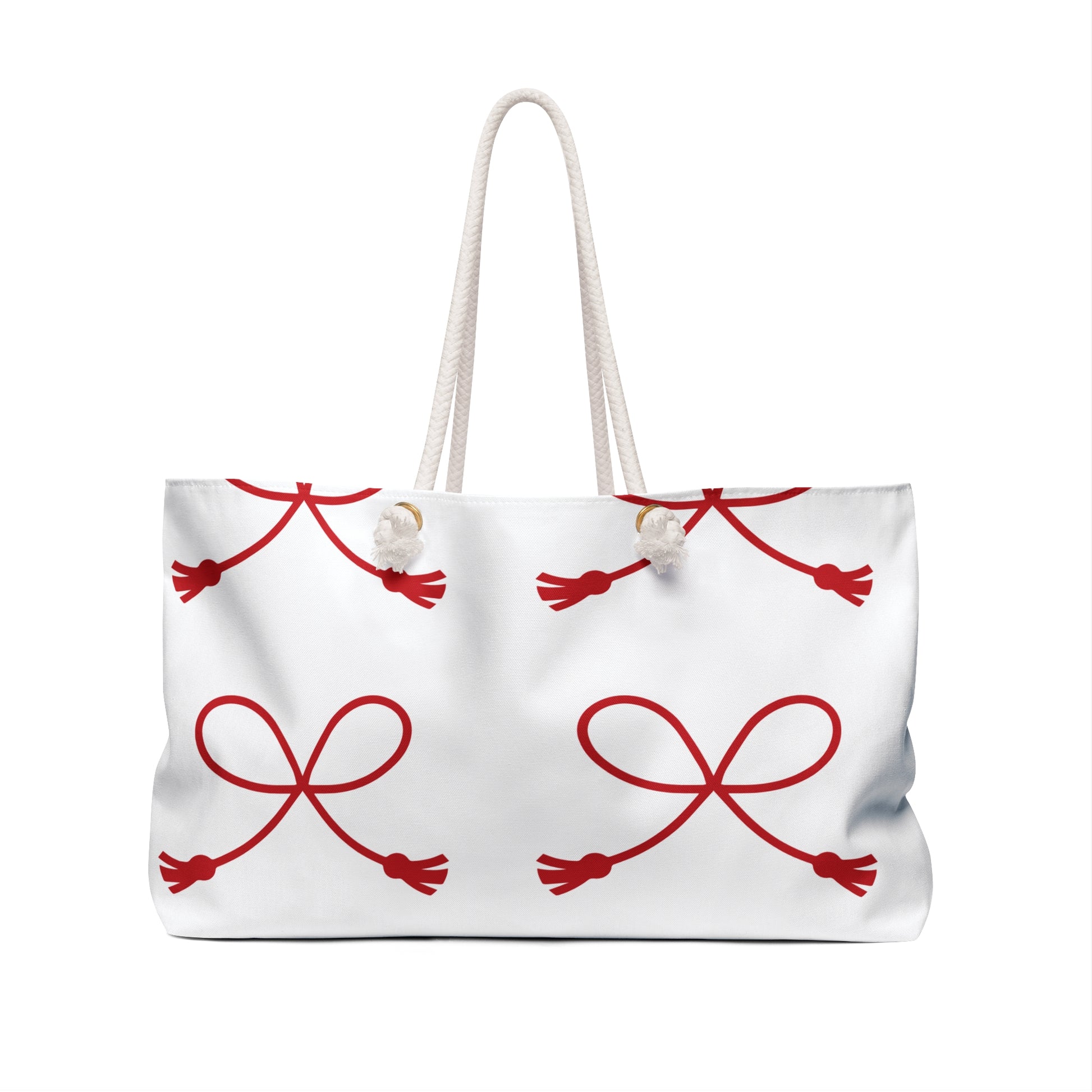Red Bow Rope Weekender Bag — Large Travel Tote with Heartlike Ribbon Pattern