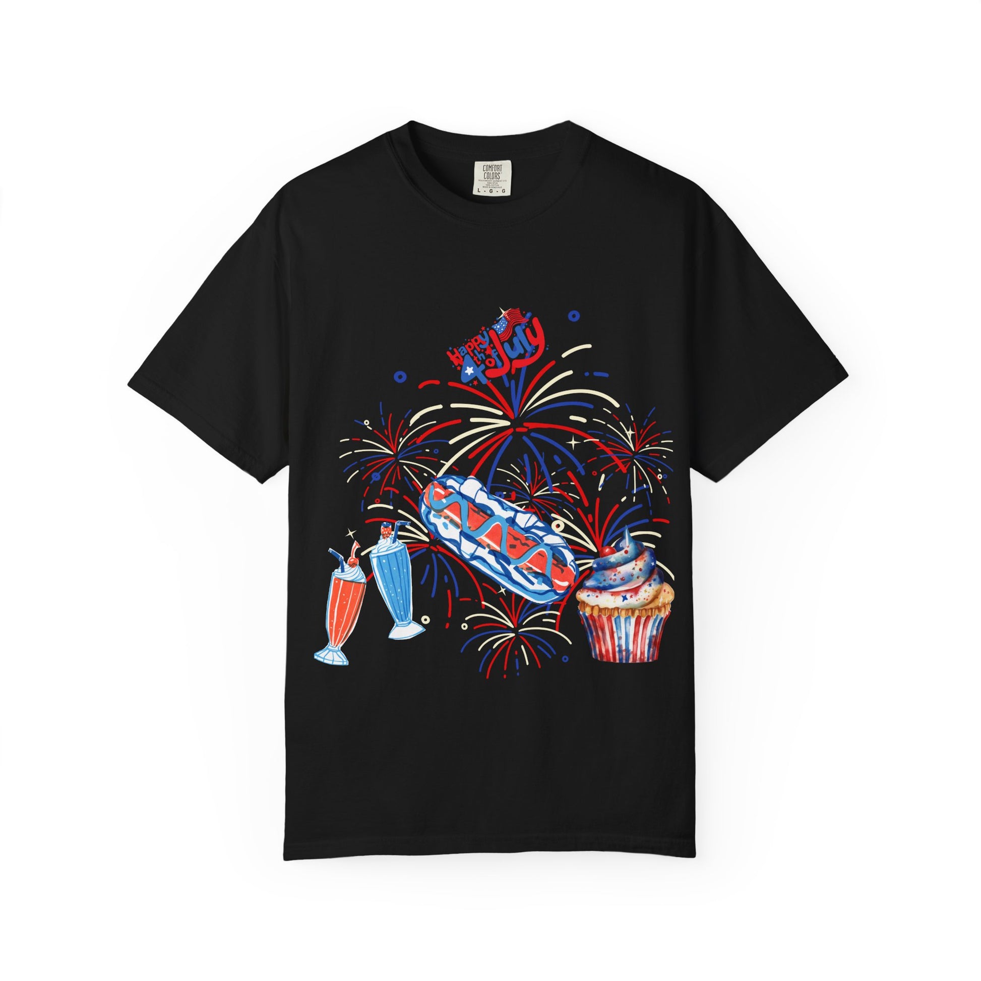T-Shirt — Fourth of July Party Graphic Tee (Fireworks, Cupcake & Drinks)