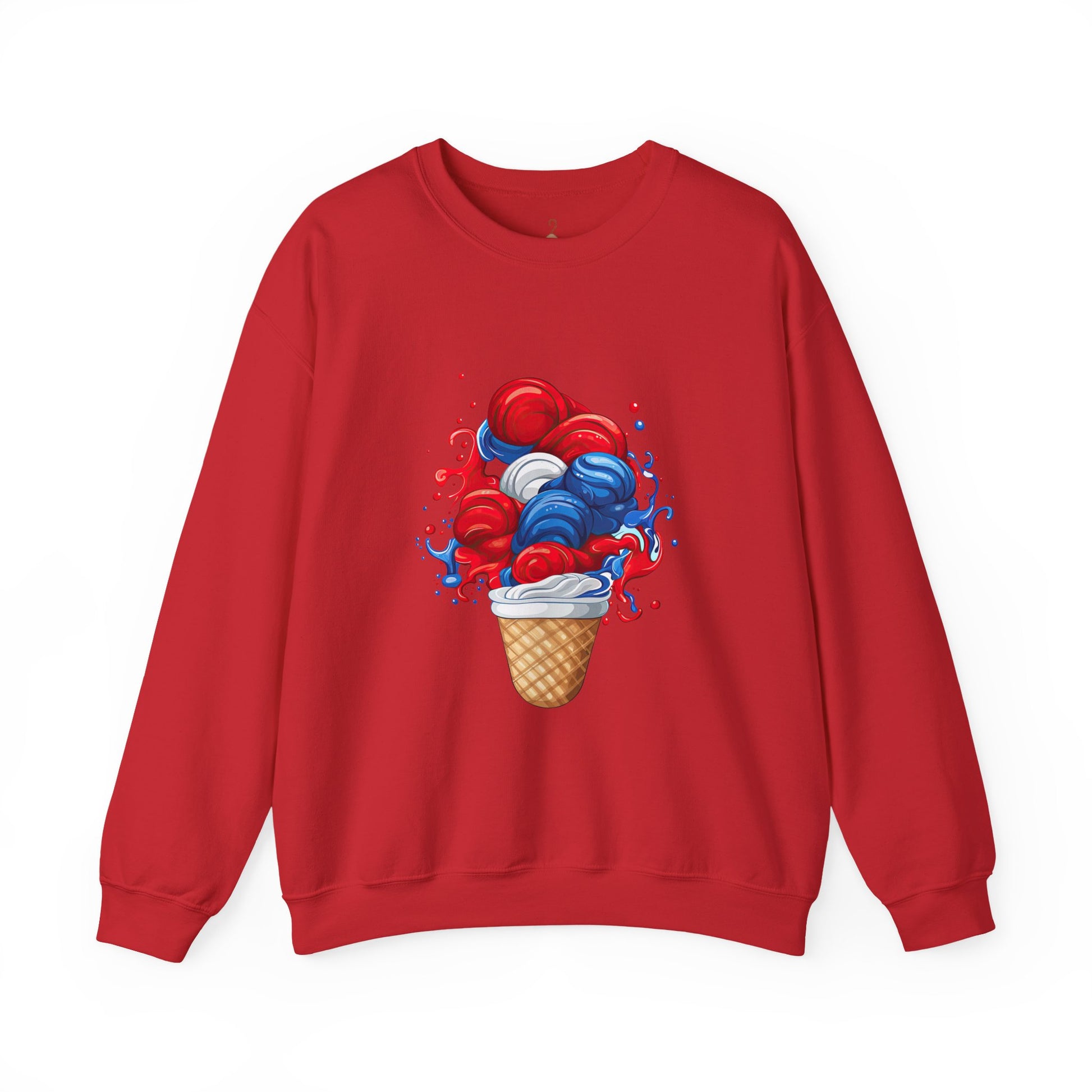 Ice Cream Crewneck Sweatshirt — Red White & Blue Swirl Cone Graphic