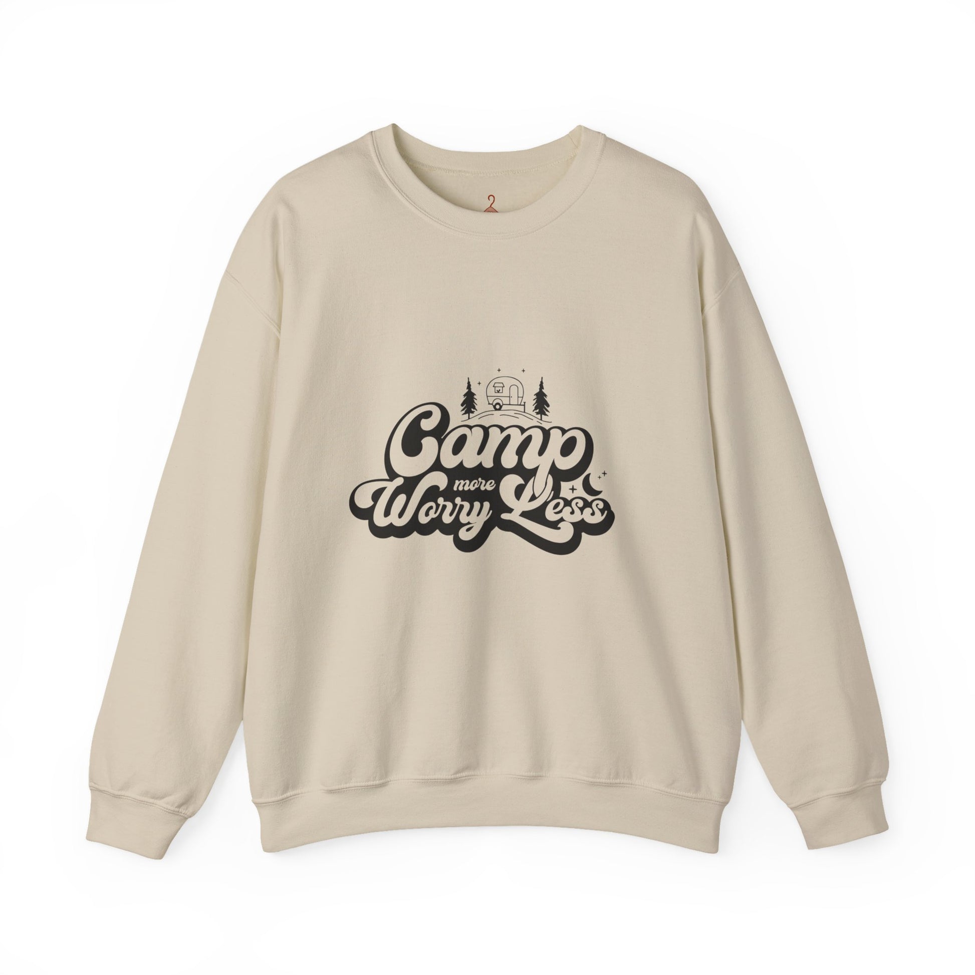 Camp More Worry Less Sweatshirt — Retro Camping Crewneck