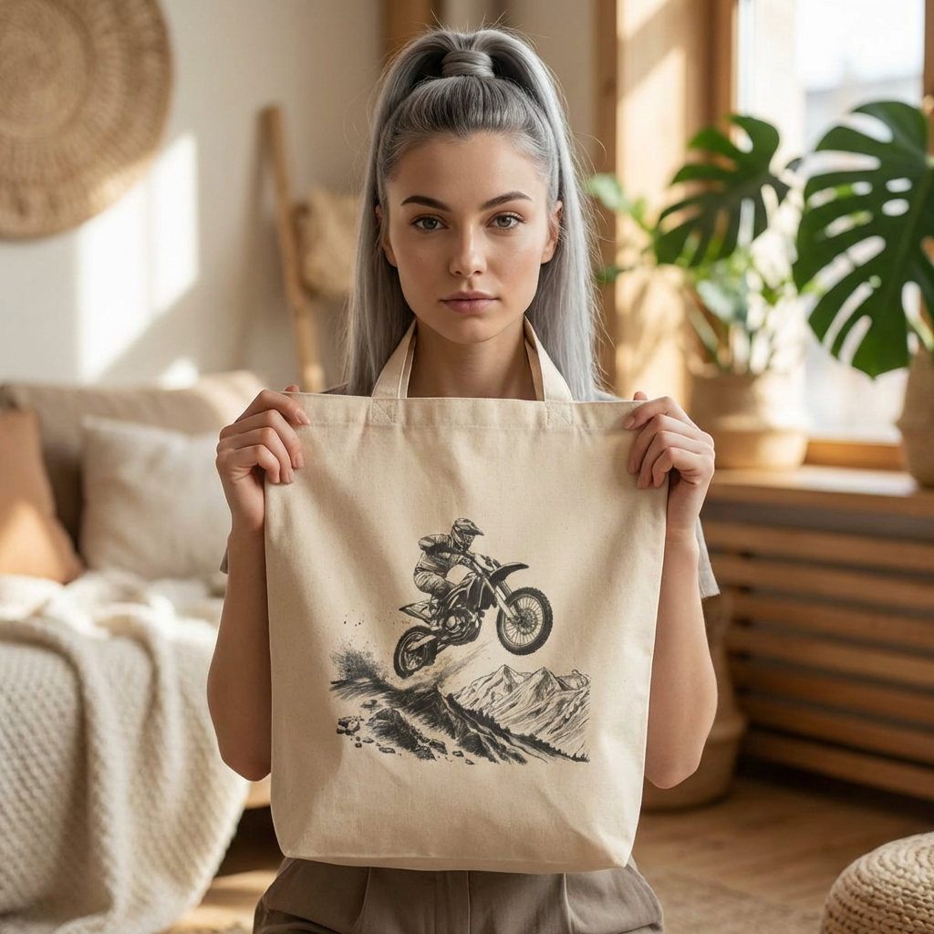 Motorcycle Jump Cotton Tote Bag — Vintage Dirt Bike Mountain Rider Tote