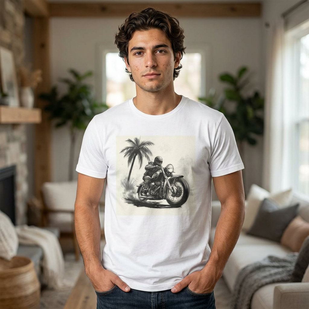 Vintage Motorcycle Tee — Retro Biker Palm Tree Graphic