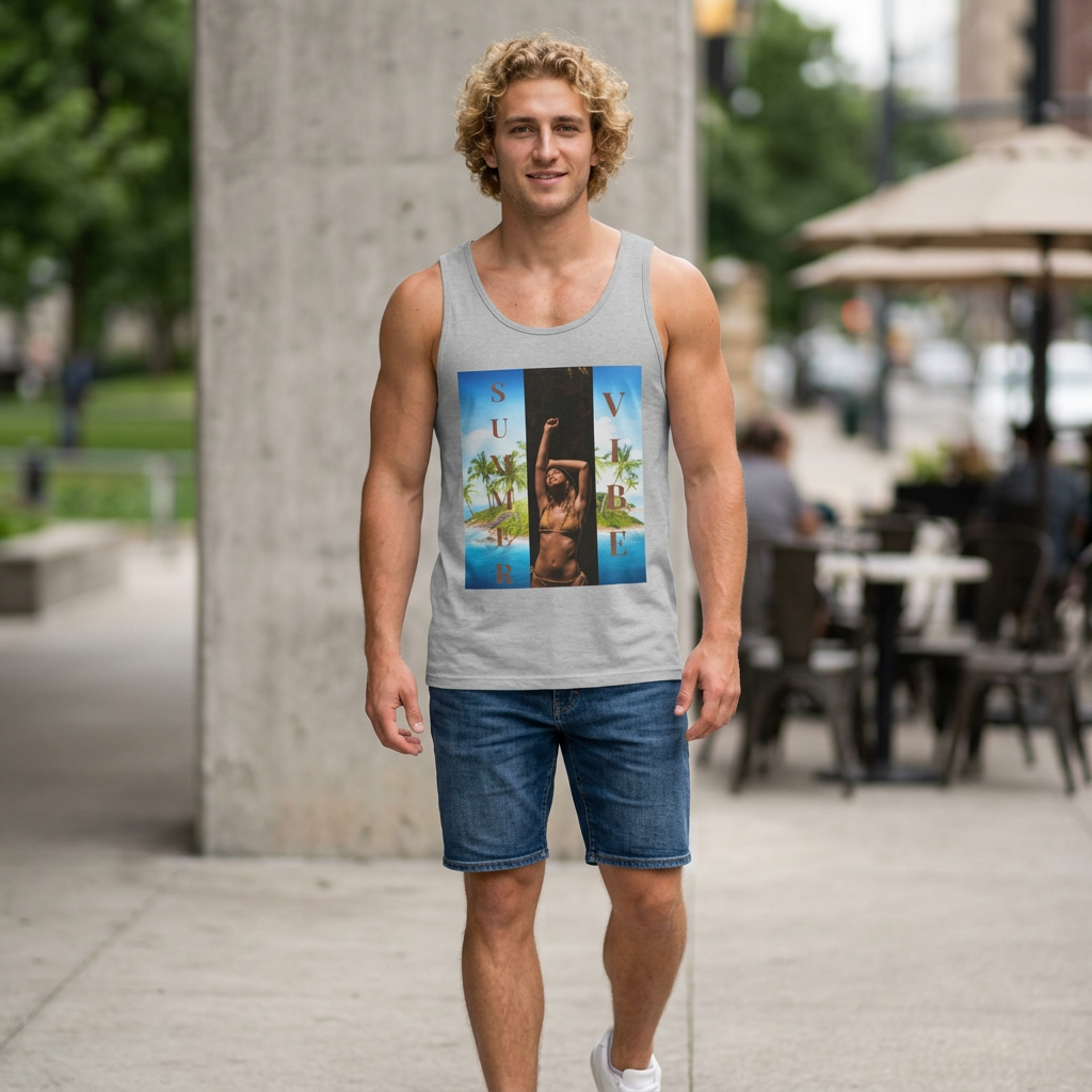 Summer Vibe Tank Top — Tropical Sunset Graphic Tank with 'SUMMER' Text