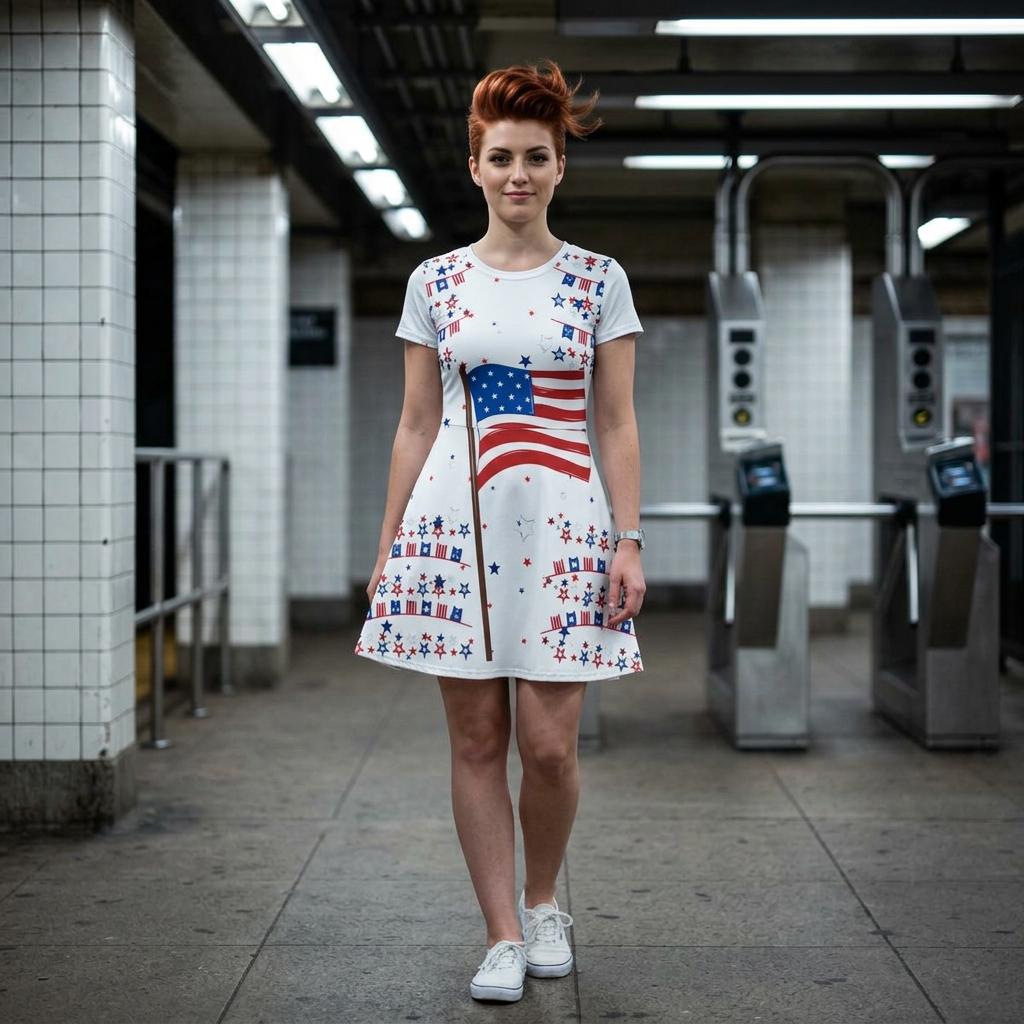 Patriotic American Flag T-Shirt Dress — 4th of July Stars & Stripes AOP