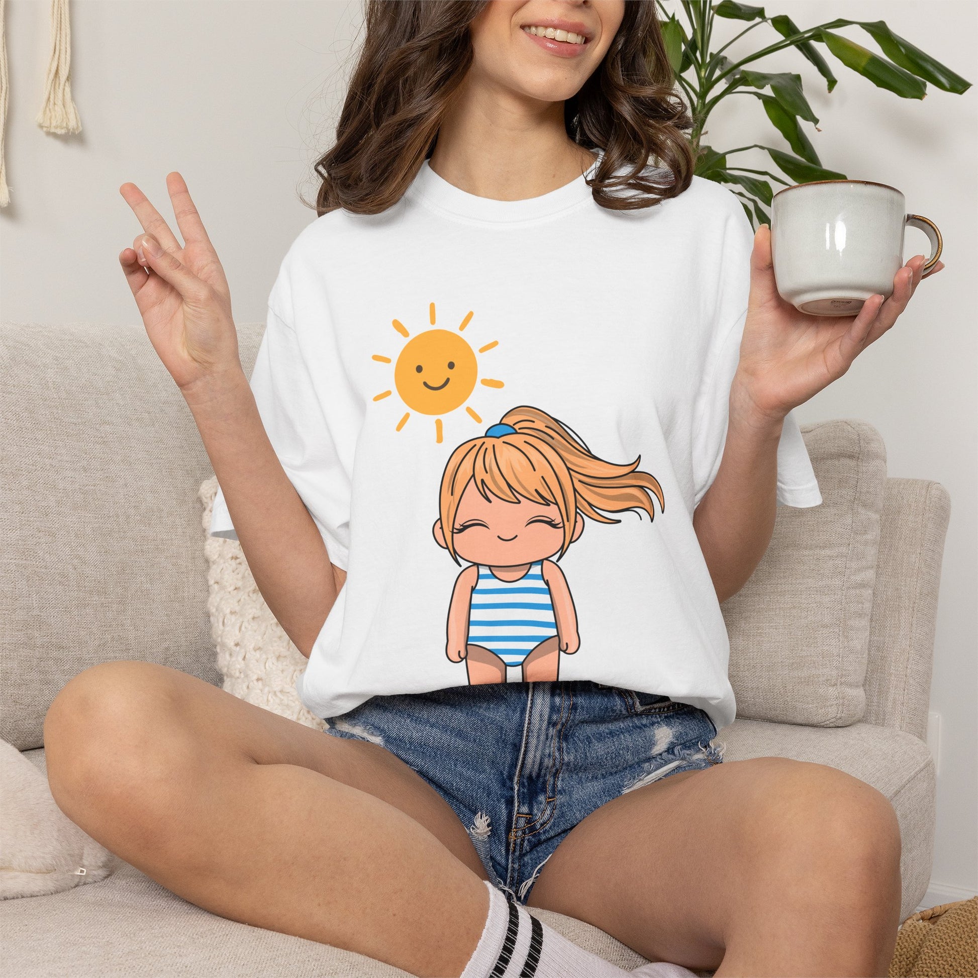 Cute Girl in Swimsuit T-Shirt — Sunny Beach Cartoon Tee