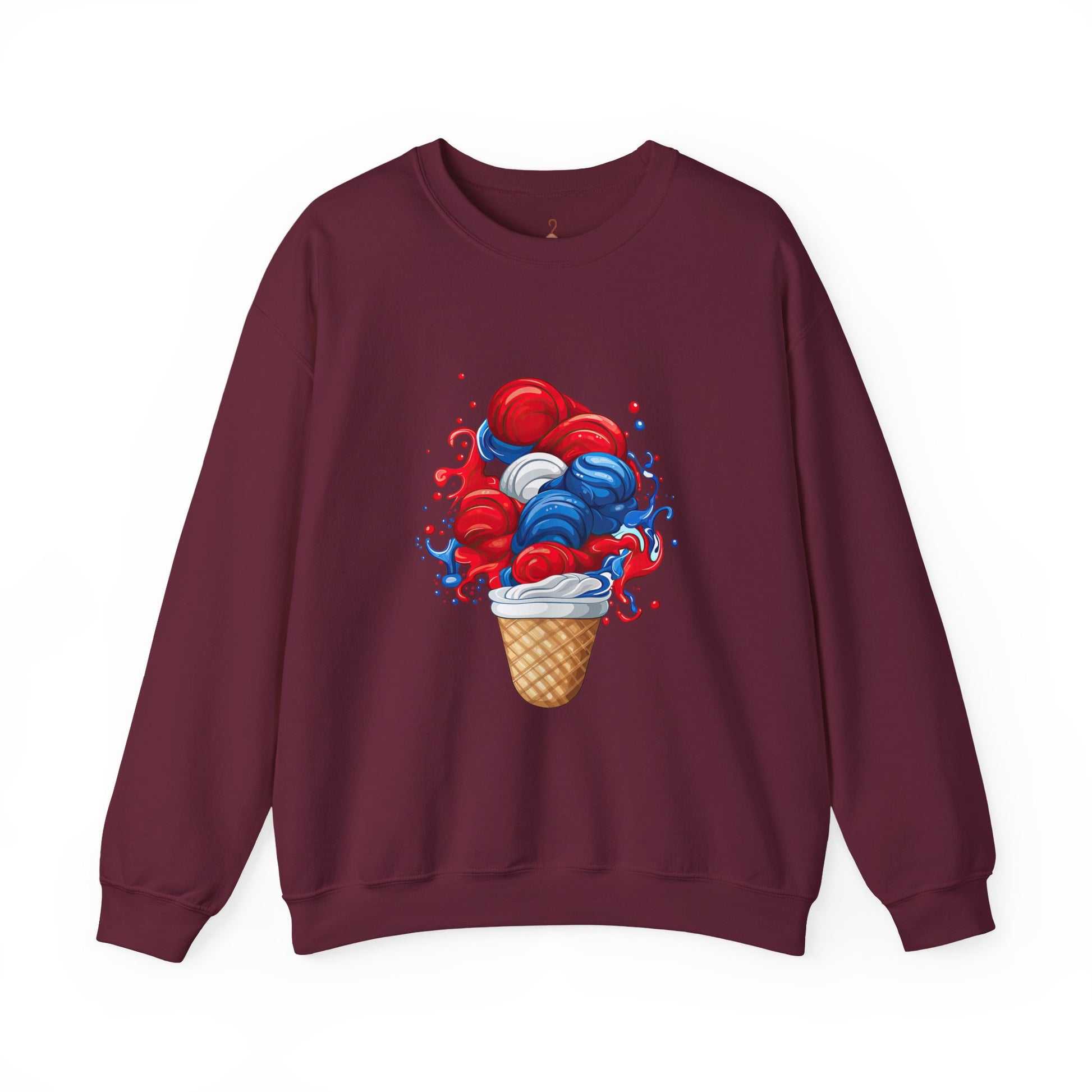 Ice Cream Crewneck Sweatshirt — Red White & Blue Swirl Cone Graphic