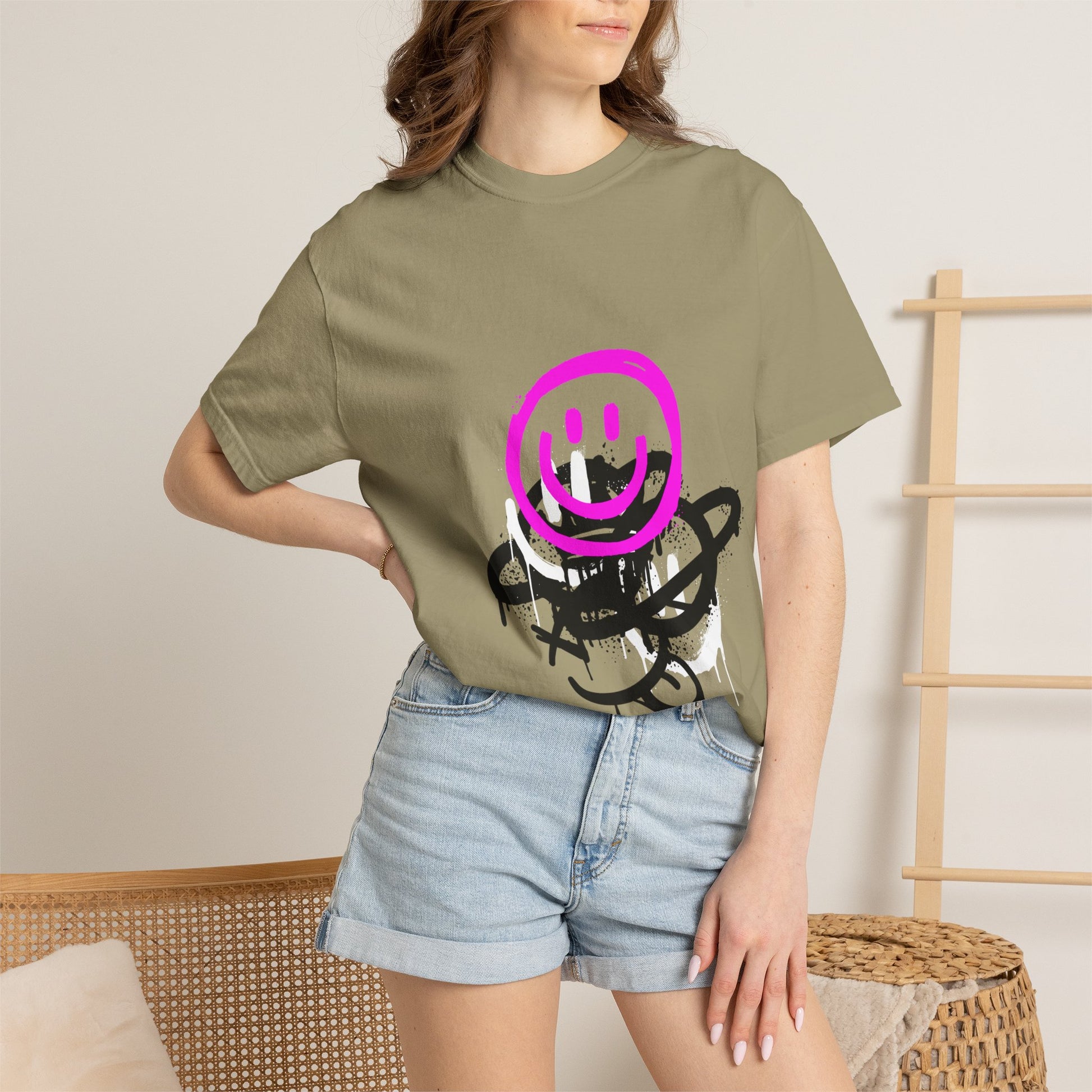 Smiley Graffiti T-Shirt — Neon Pink Drip Streetwear Tee