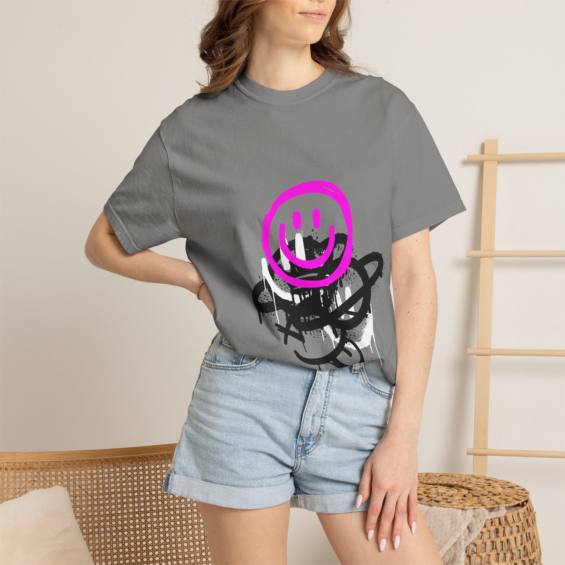 Smiley Graffiti T-Shirt — Neon Pink Drip Streetwear Tee