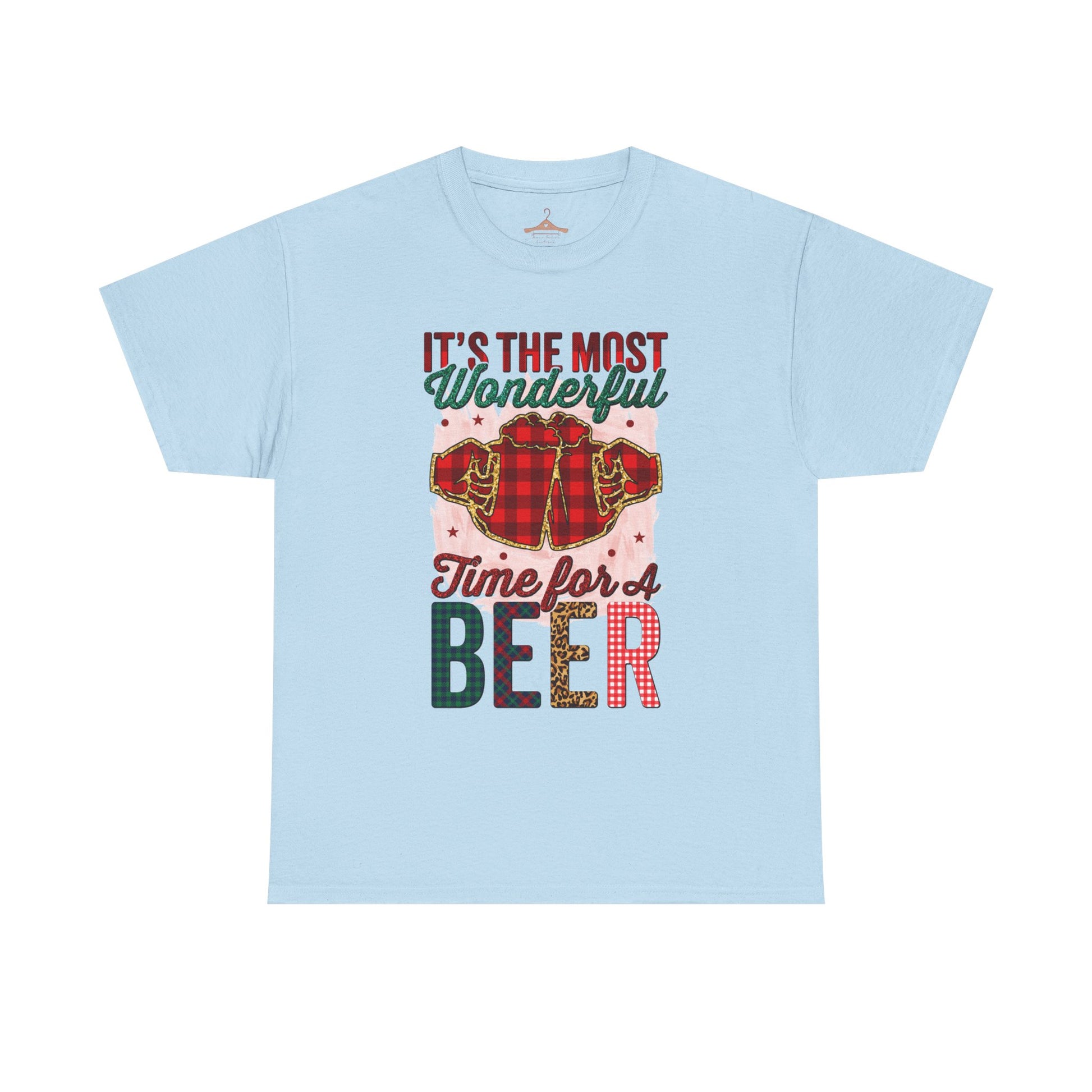 Holiday Beer T‑Shirt – "It's the Most Wonderful Time for a Beer" Plaid Santa Tee