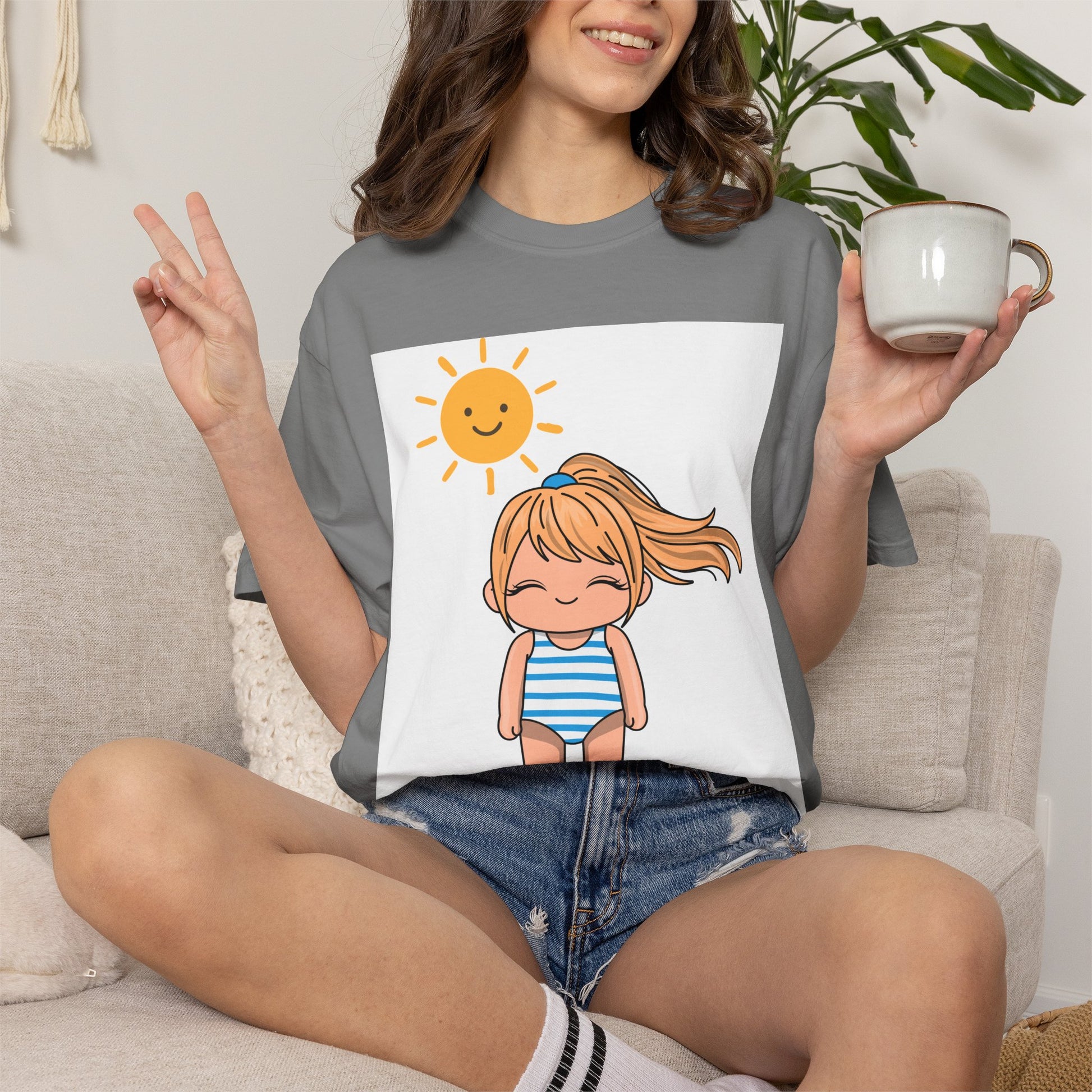 Cute Girl in Swimsuit T-Shirt — Sunny Beach Cartoon Tee
