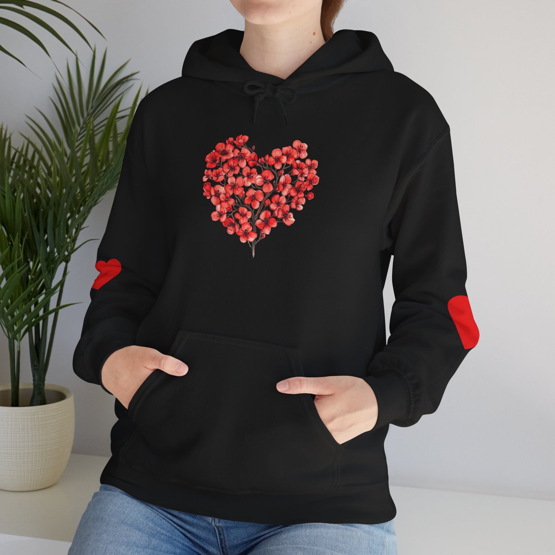 Heart Bouquet Hoodie — Floral Heart Pullover with Elbow Hearts