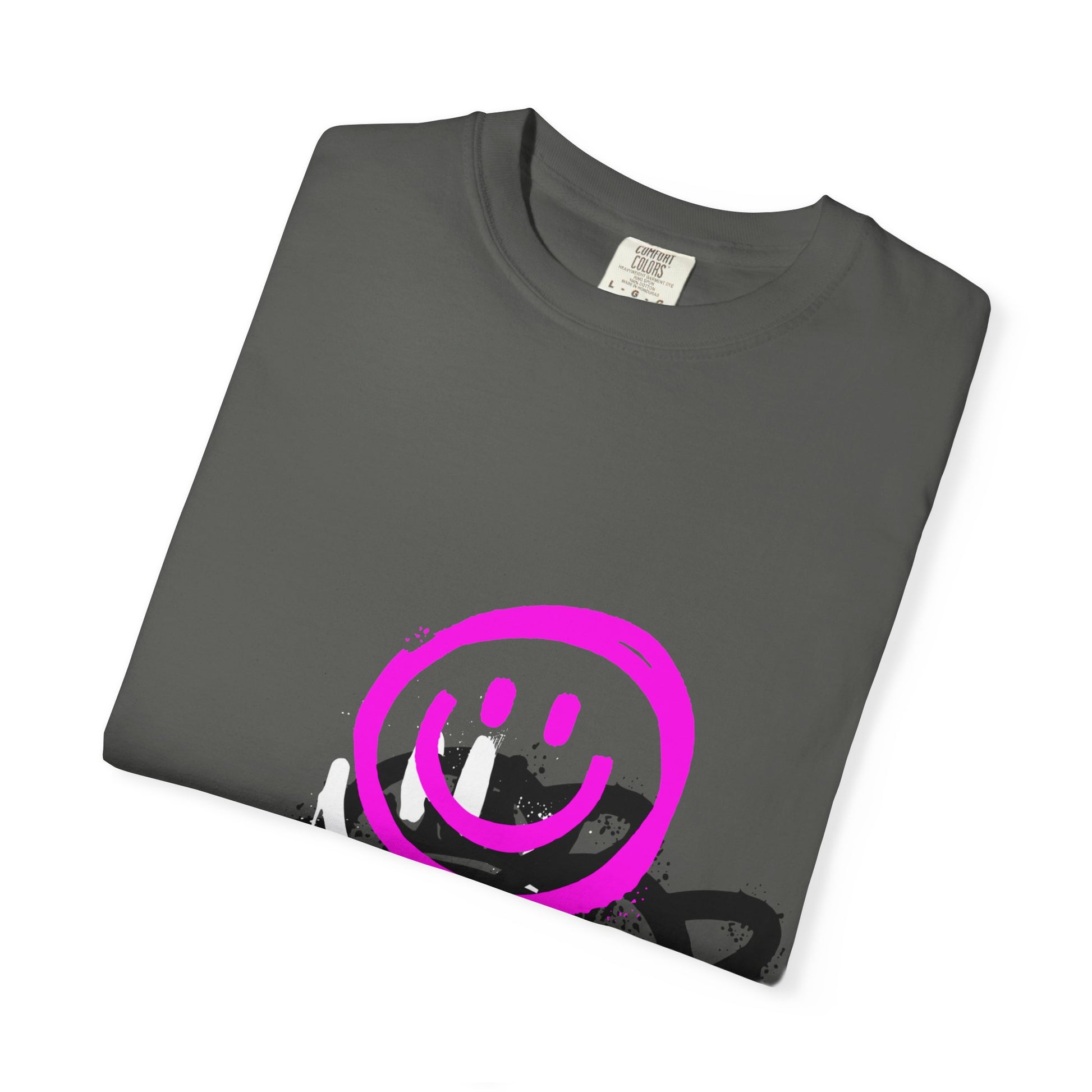 Smiley Graffiti T-Shirt — Neon Pink Drip Streetwear Tee