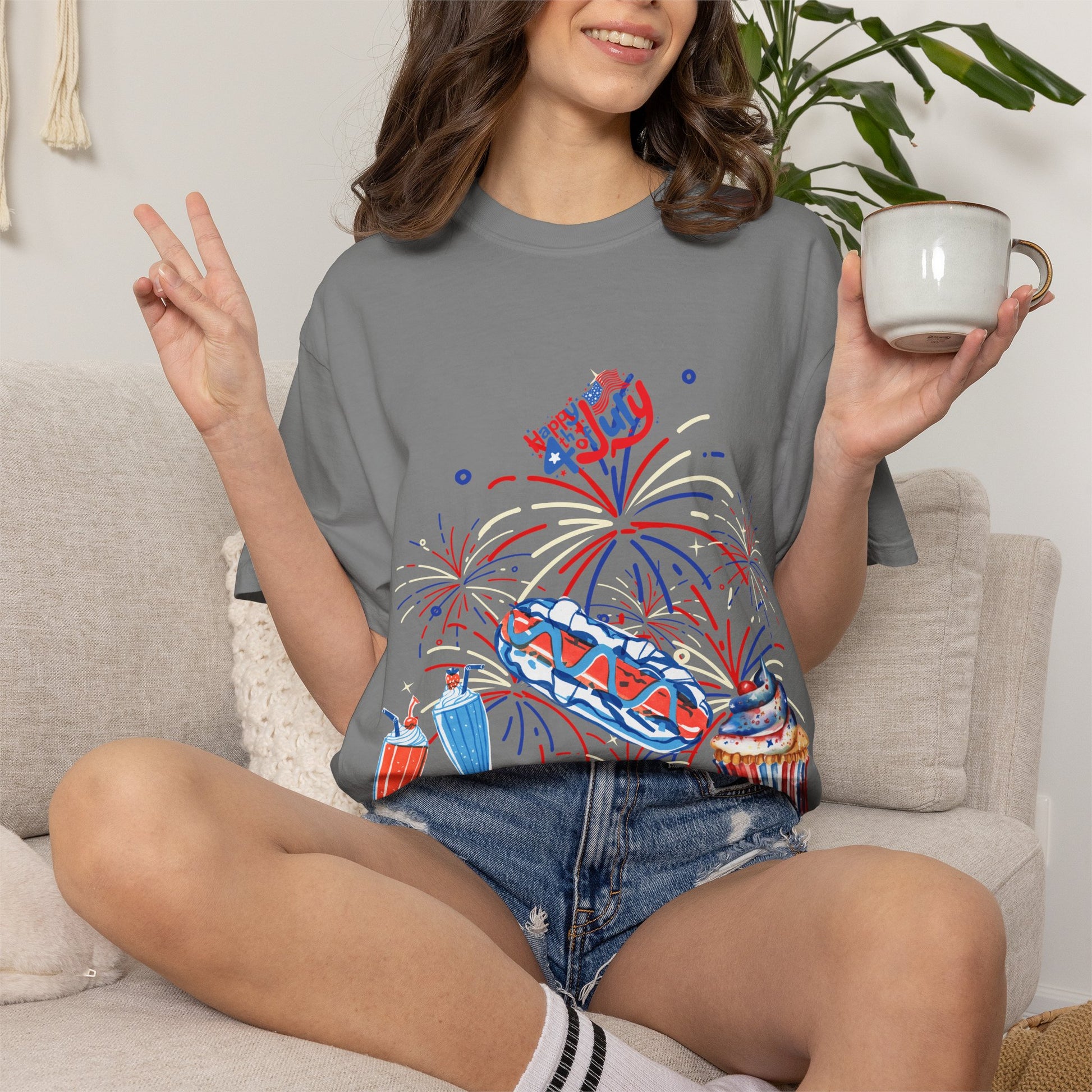 T-Shirt — Fourth of July Party Graphic Tee (Fireworks, Cupcake & Drinks)