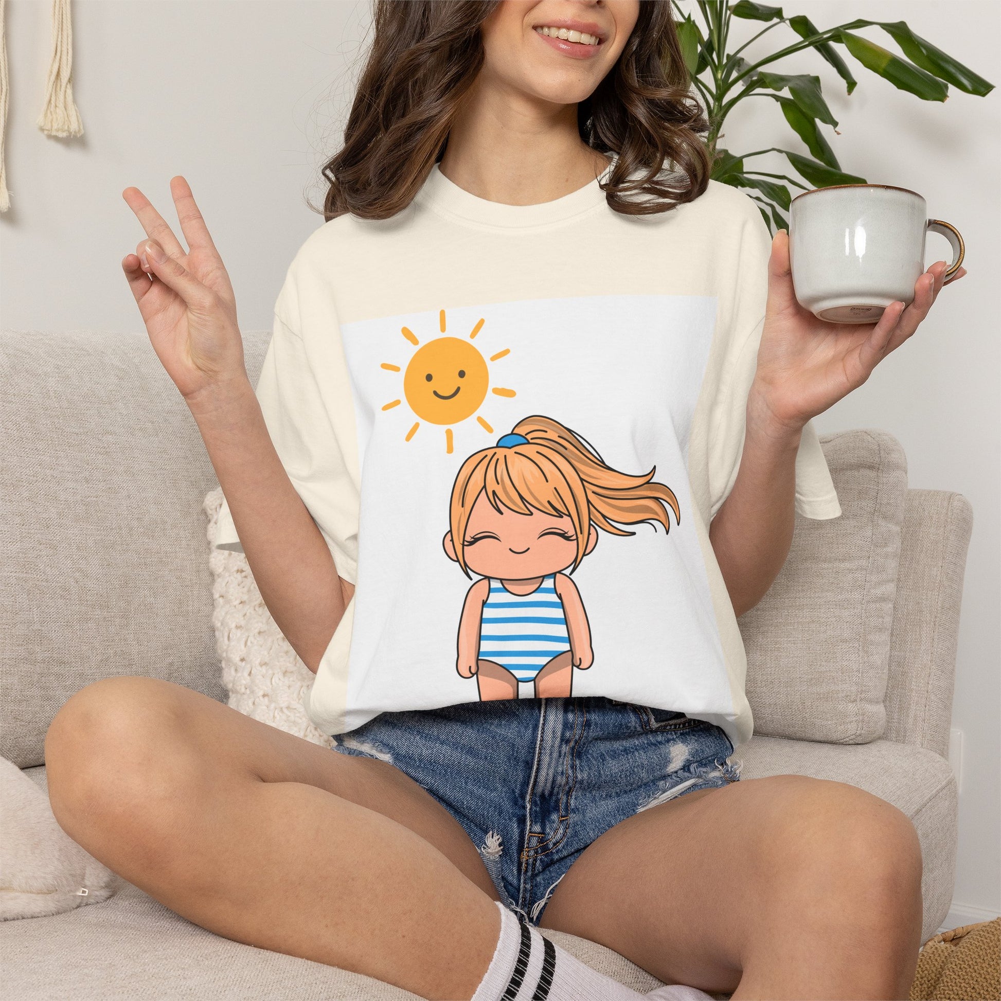 Cute Girl in Swimsuit T-Shirt — Sunny Beach Cartoon Tee