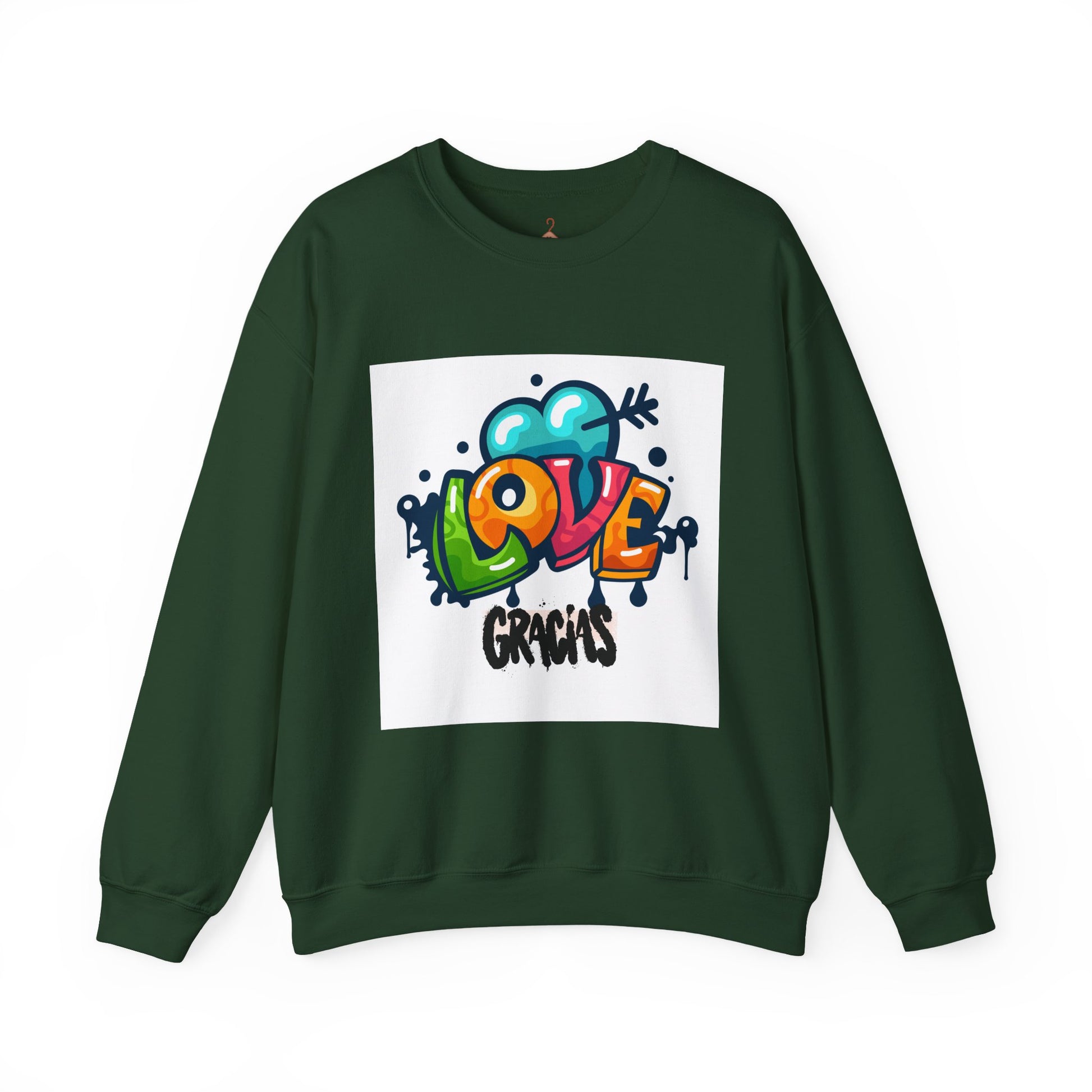 Love Gracias Crewneck Sweatshirt — Colorful Graffiti Heart Thank You Pullover