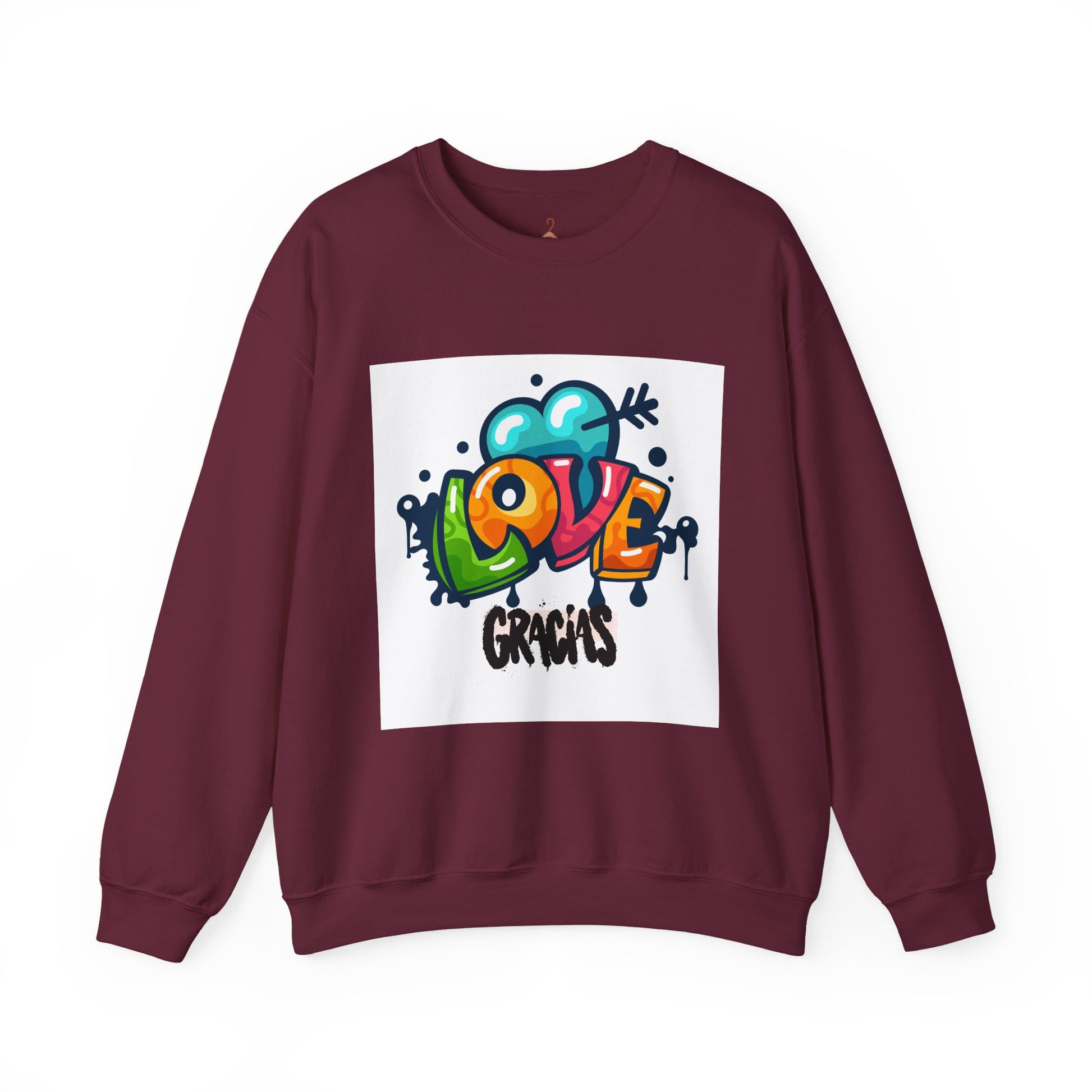 Love Gracias Crewneck Sweatshirt — Colorful Graffiti Heart Thank You Pullover