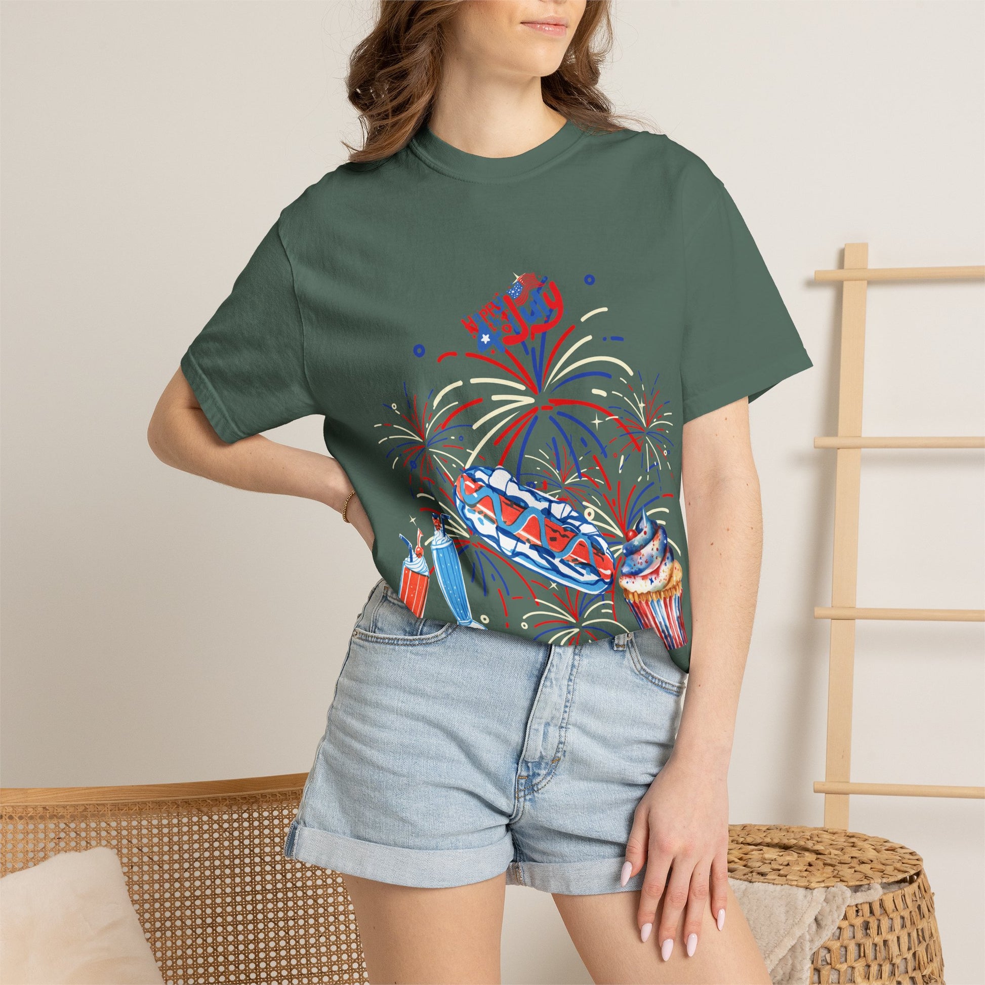 T-Shirt — Fourth of July Party Graphic Tee (Fireworks, Cupcake & Drinks)