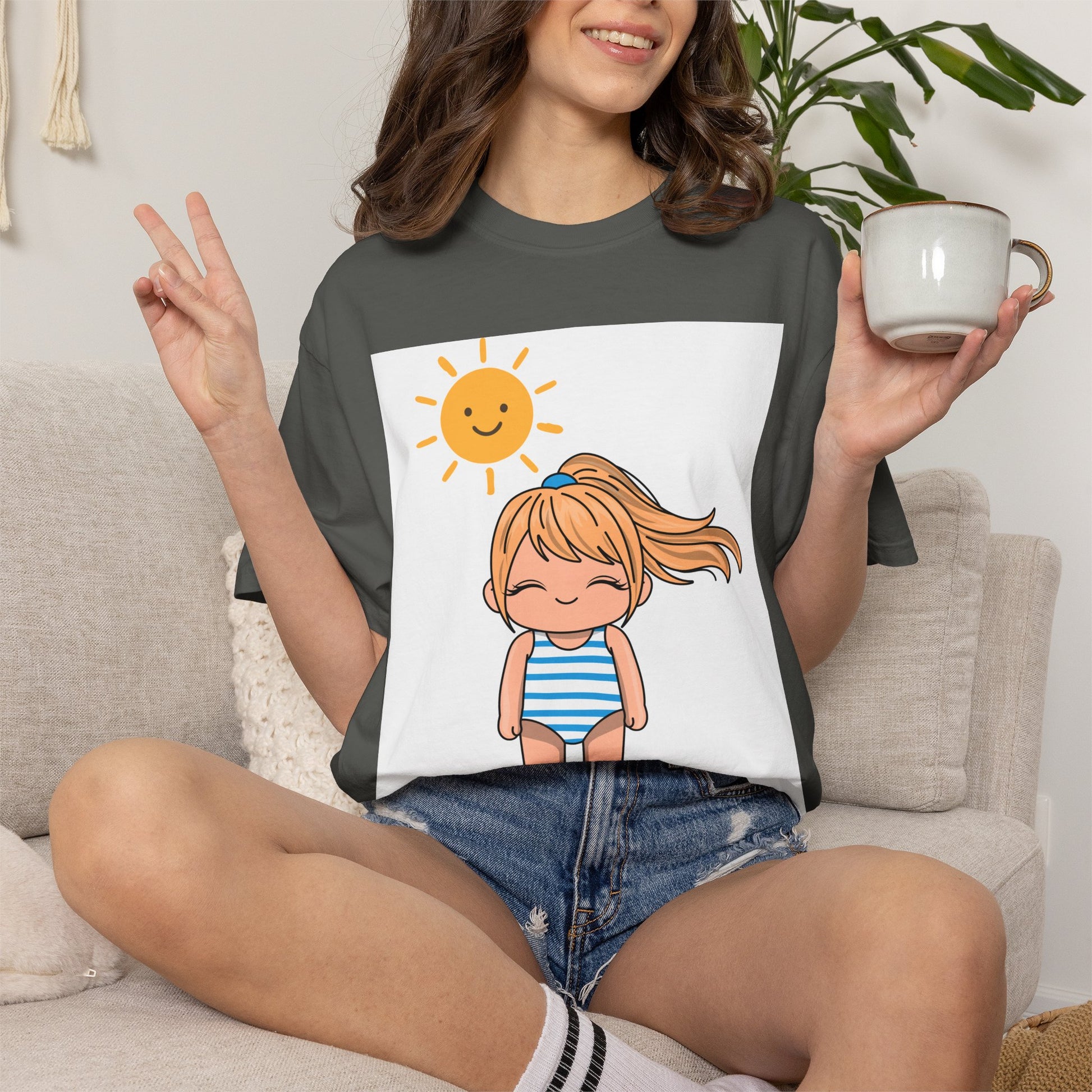 Cute Girl in Swimsuit T-Shirt — Sunny Beach Cartoon Tee