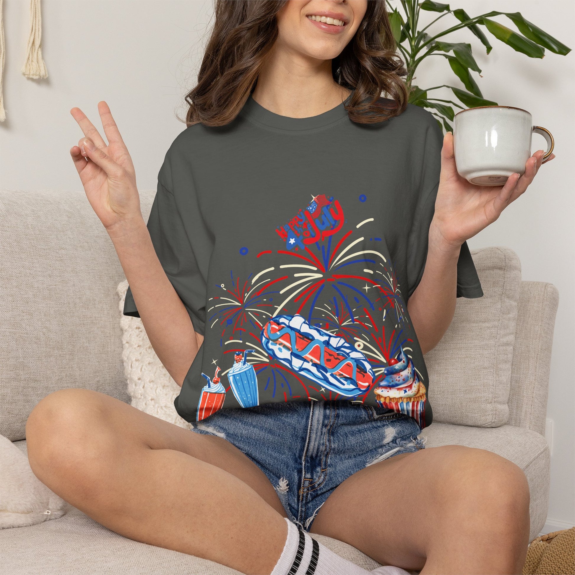 T-Shirt — Fourth of July Party Graphic Tee (Fireworks, Cupcake & Drinks)