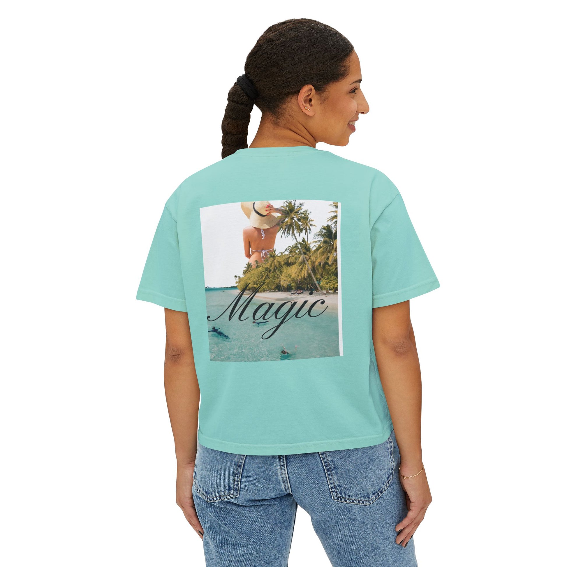 Magic Beach Crop Tee — Women's Boxy Tropical Graphic T‑Shirt