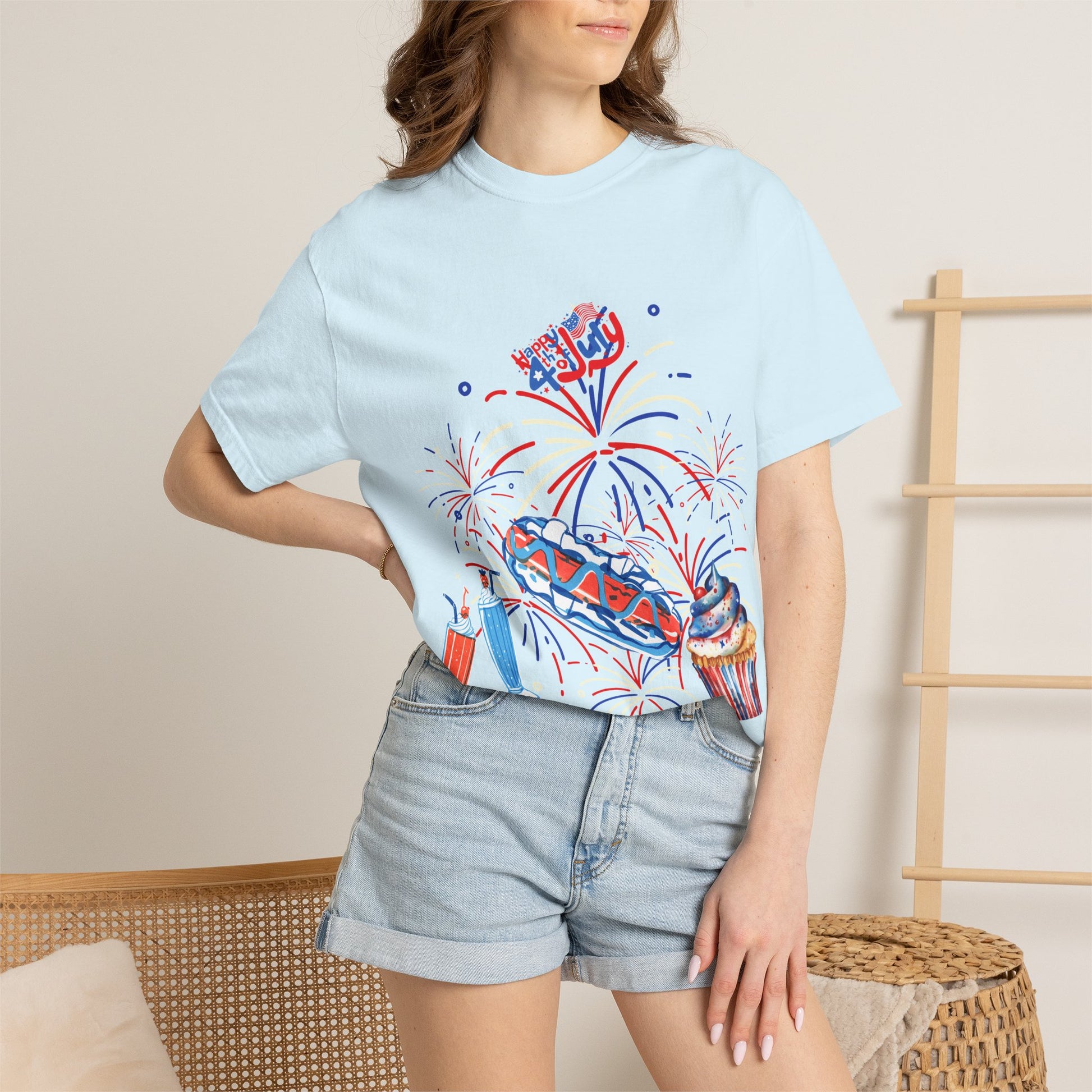 T-Shirt — Fourth of July Party Graphic Tee (Fireworks, Cupcake & Drinks)