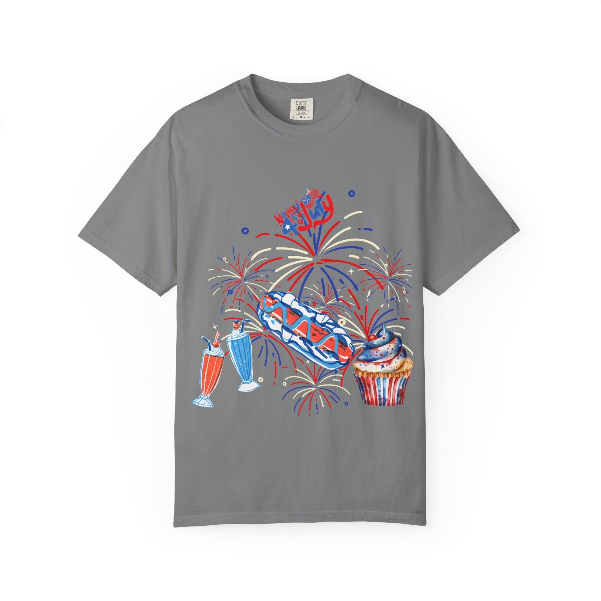 T-Shirt — Fourth of July Party Graphic Tee (Fireworks, Cupcake & Drinks)