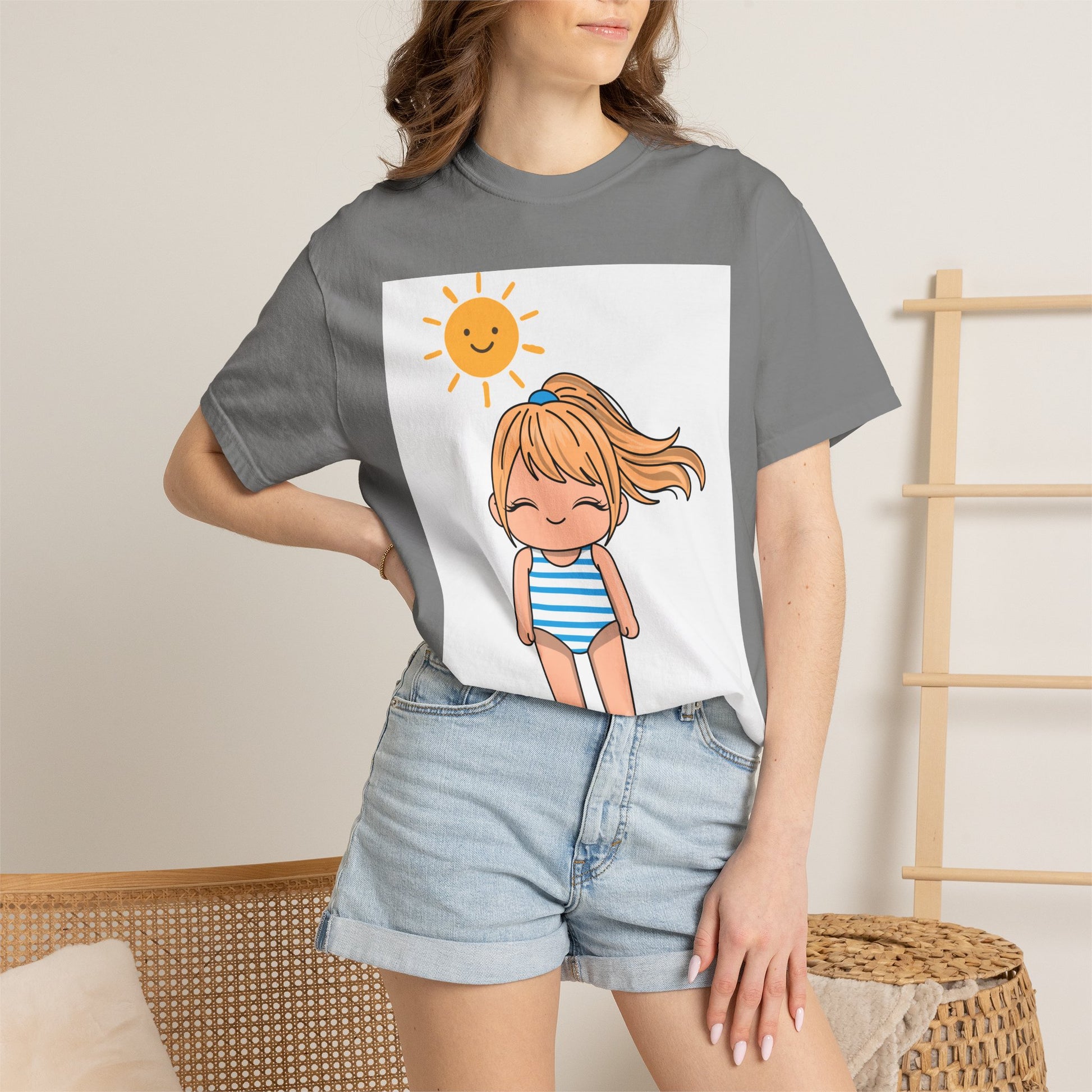 Cute Girl in Swimsuit T-Shirt — Sunny Beach Cartoon Tee