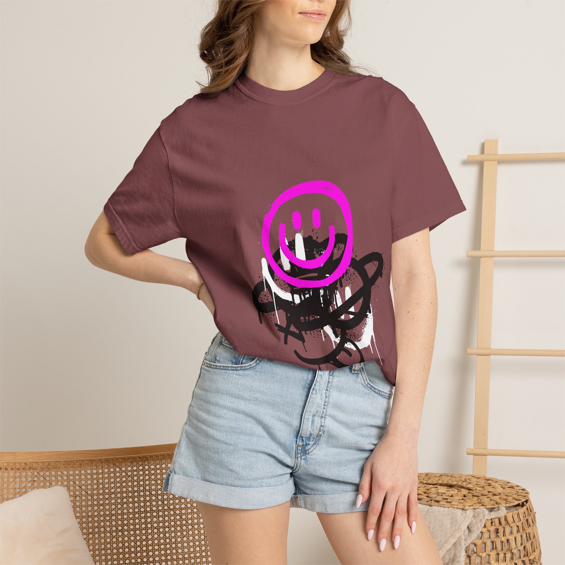 Smiley Graffiti T-Shirt — Neon Pink Drip Streetwear Tee