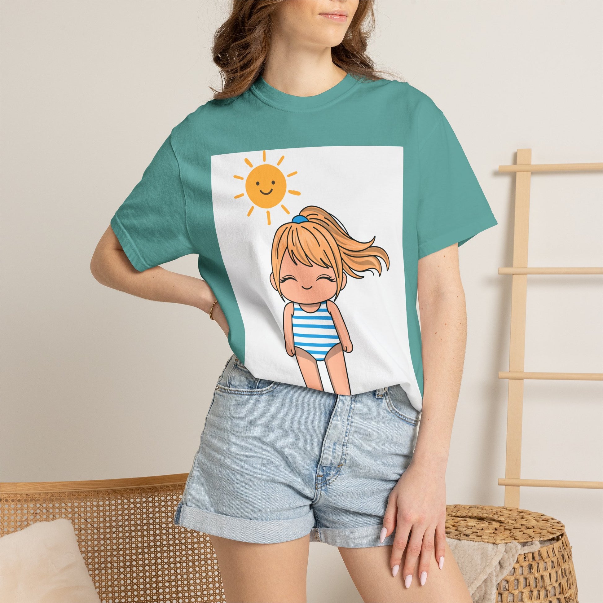 Cute Girl in Swimsuit T-Shirt — Sunny Beach Cartoon Tee