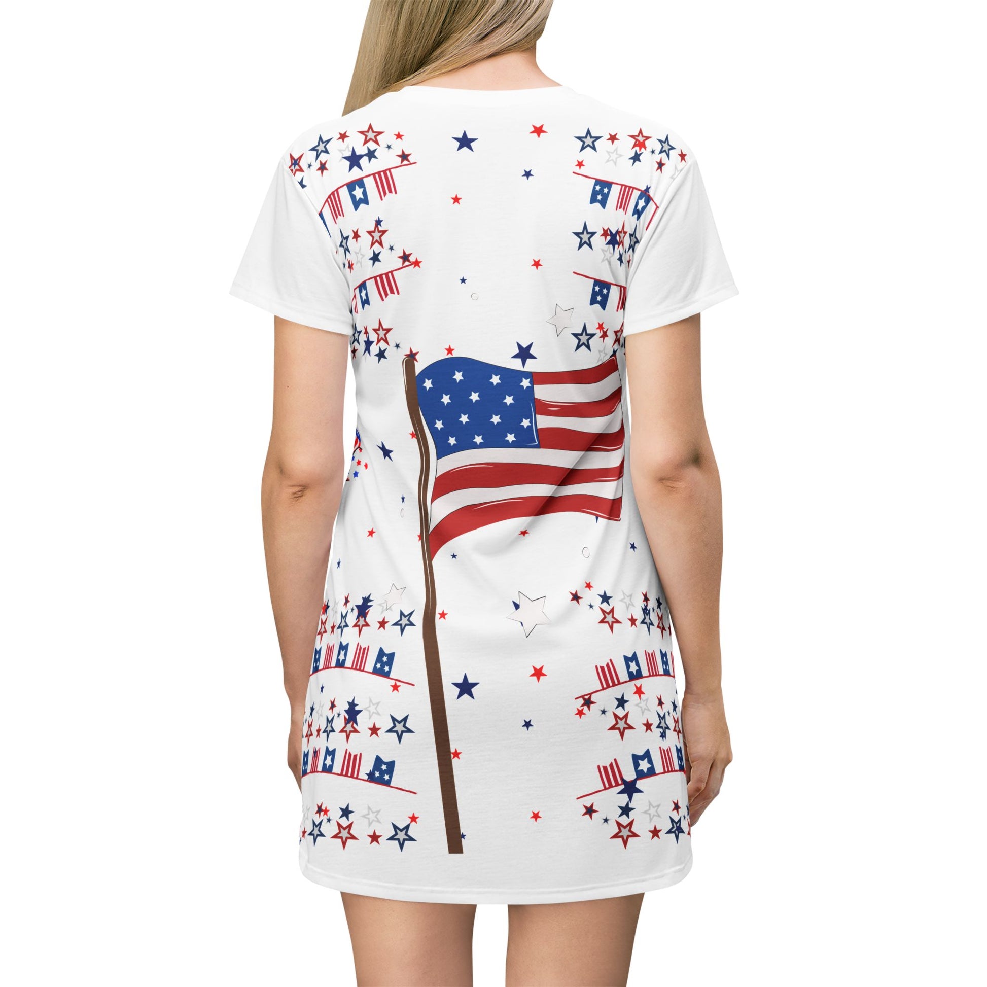 Patriotic American Flag T-Shirt Dress — 4th of July Stars & Stripes AOP