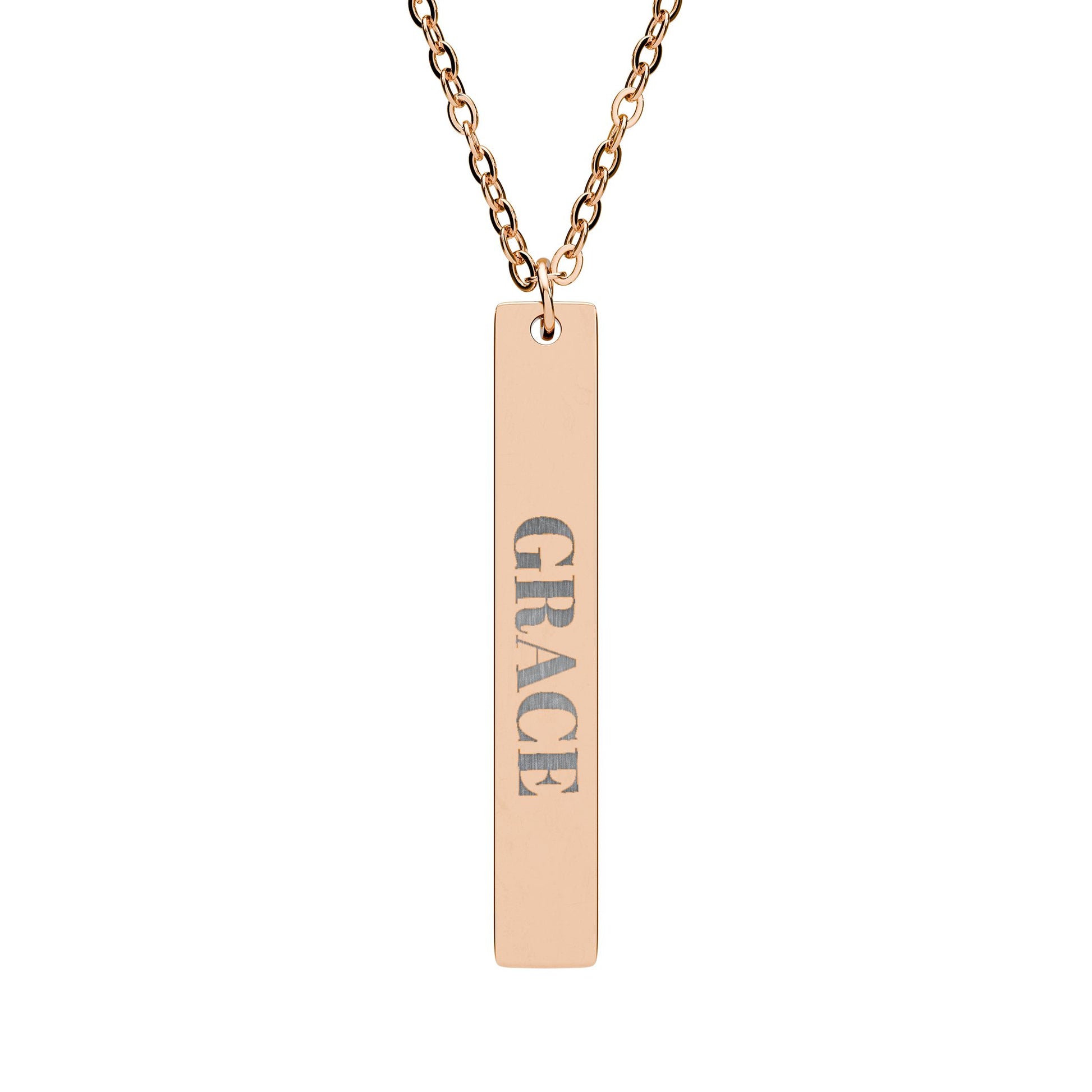Engraved Vertical Bar Necklace — "GRACE" Pendant (Silver or Rose Gold)