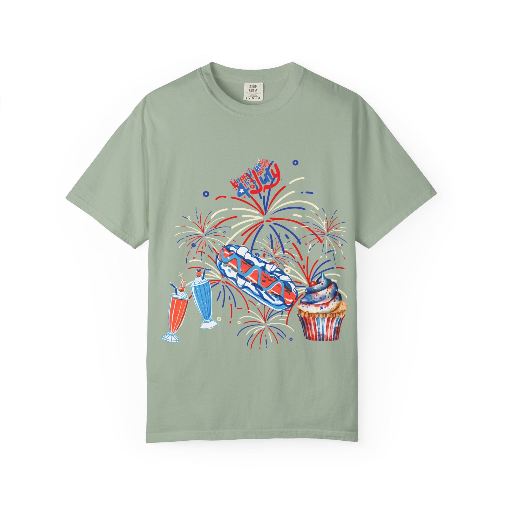 T-Shirt — Fourth of July Party Graphic Tee (Fireworks, Cupcake & Drinks)