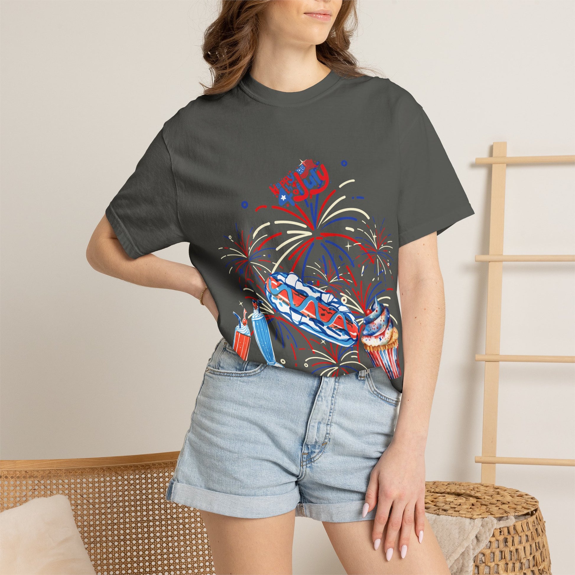 T-Shirt — Fourth of July Party Graphic Tee (Fireworks, Cupcake & Drinks)