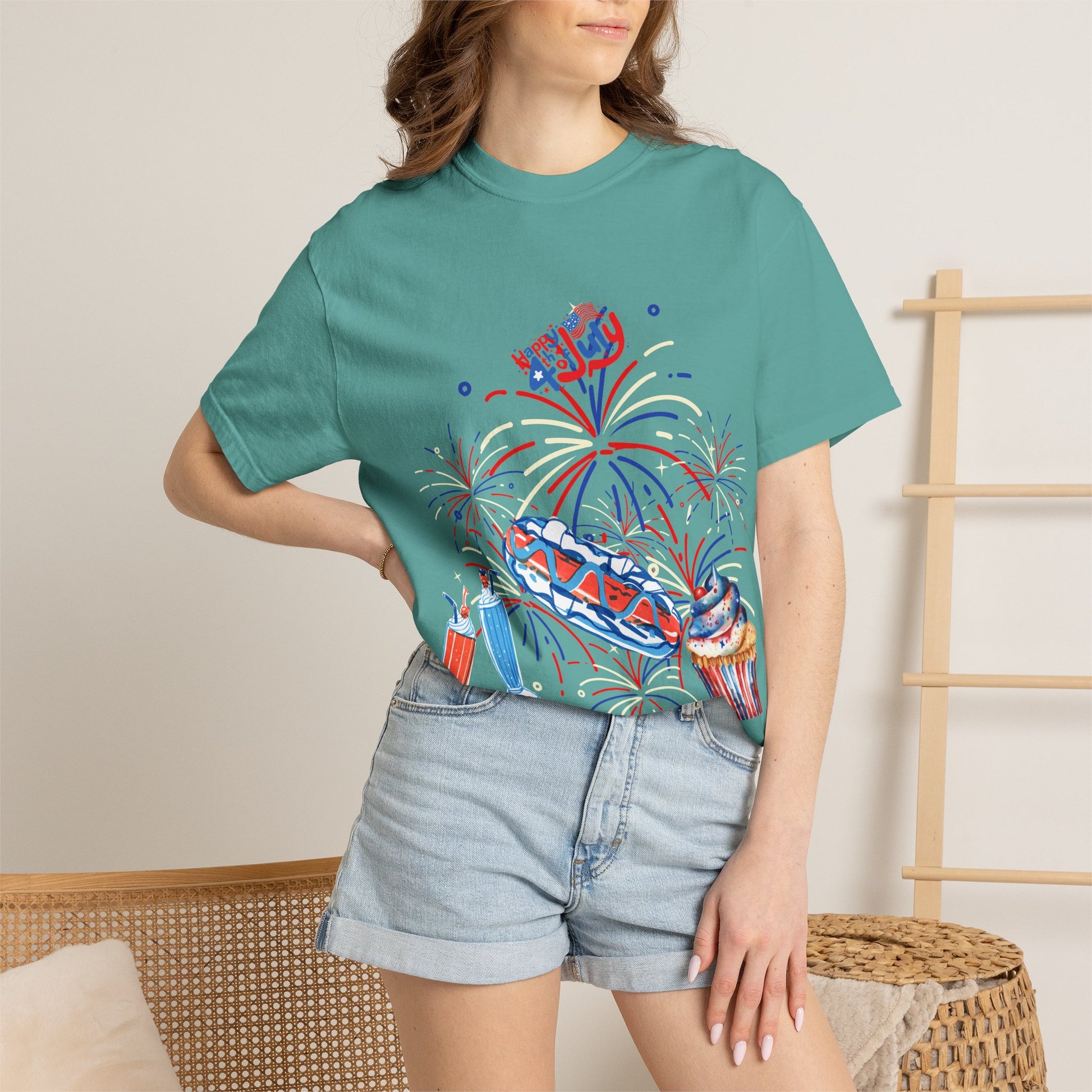 T-Shirt — Fourth of July Party Graphic Tee (Fireworks, Cupcake & Drinks)