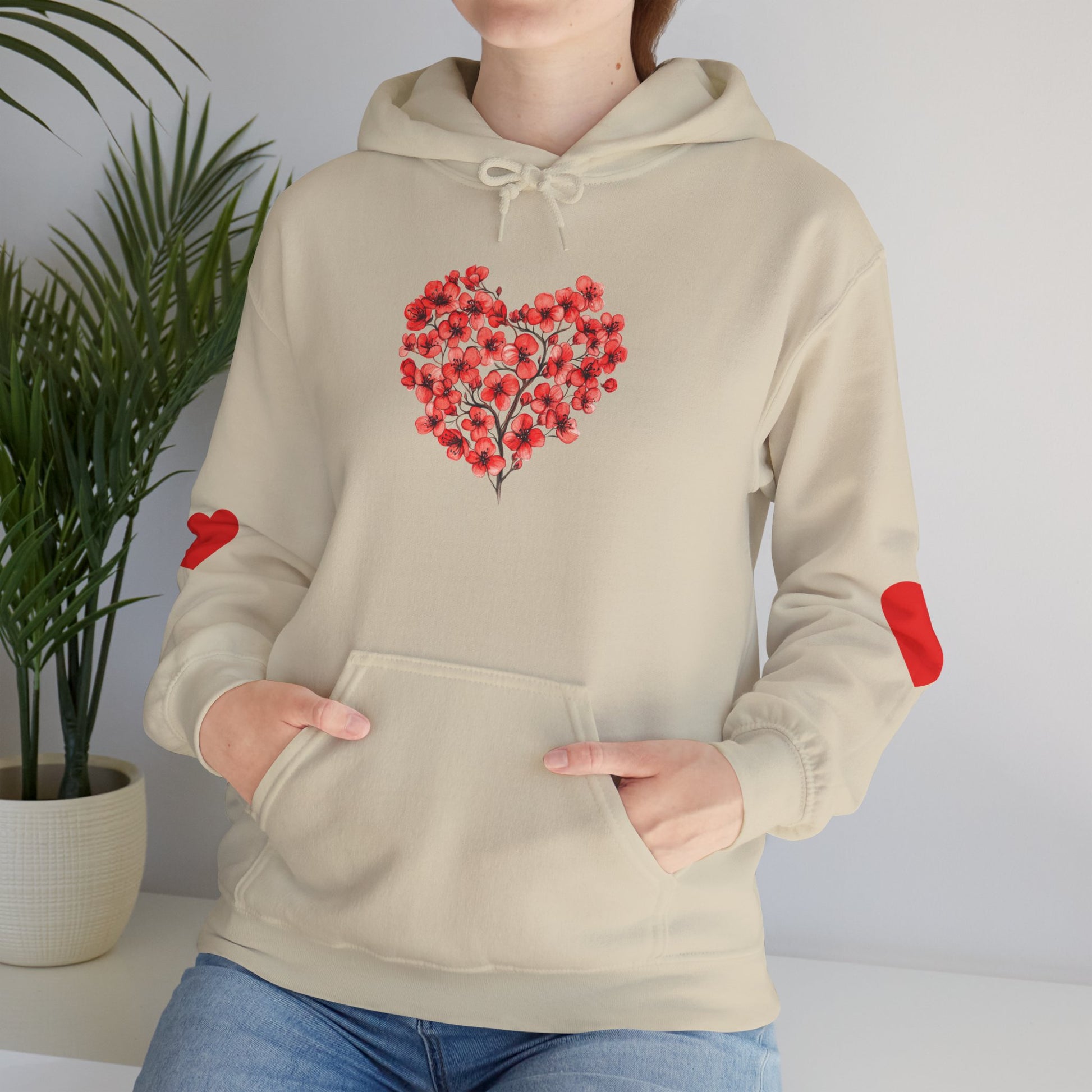 Heart Bouquet Hoodie — Floral Heart Pullover with Elbow Hearts
