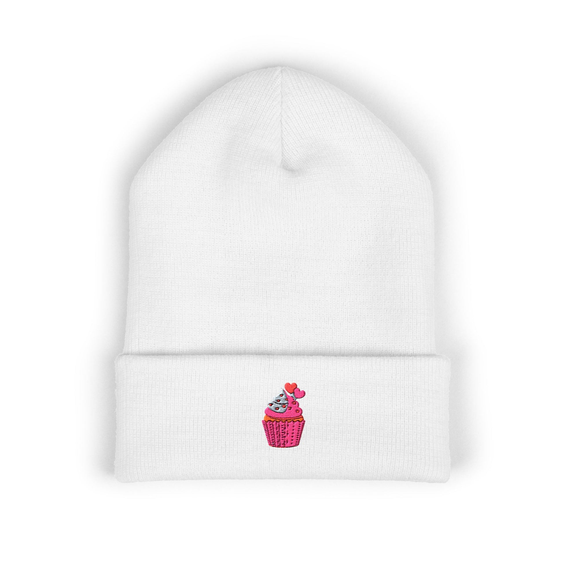 Embroidered Pink Cupcake Cuffed Beanie
