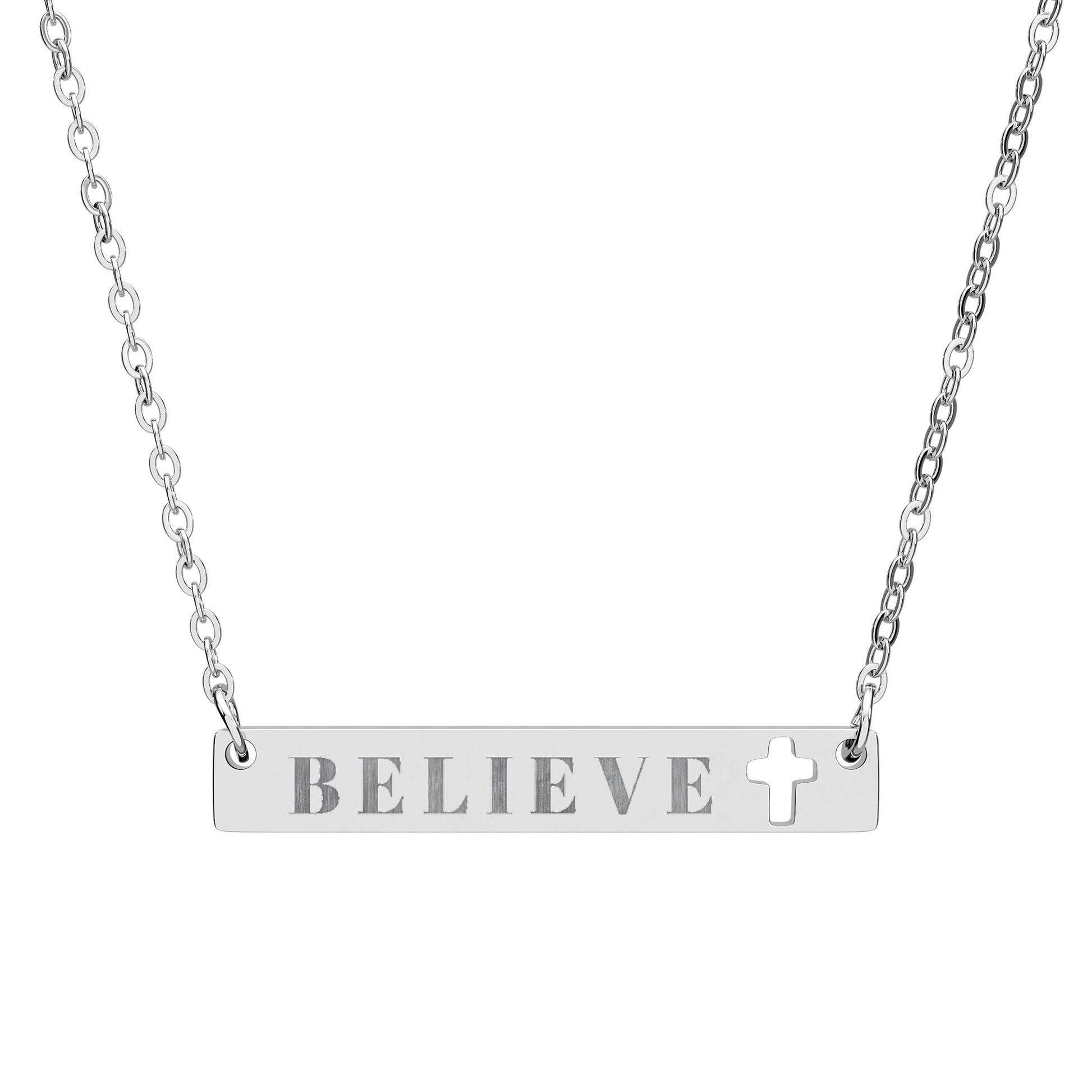 "Believe" Cutout Cross Bar Necklace — Engravable Faith Pendant (Silver & Rose Gold)