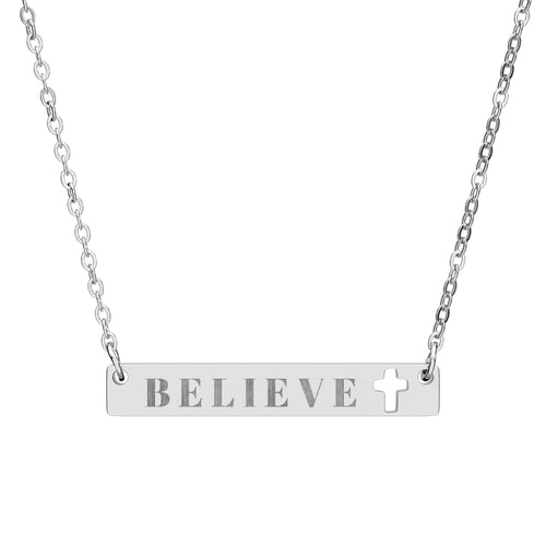 "Believe" Cutout Cross Bar Necklace — Engravable Faith Pendant (Silver & Rose Gold)